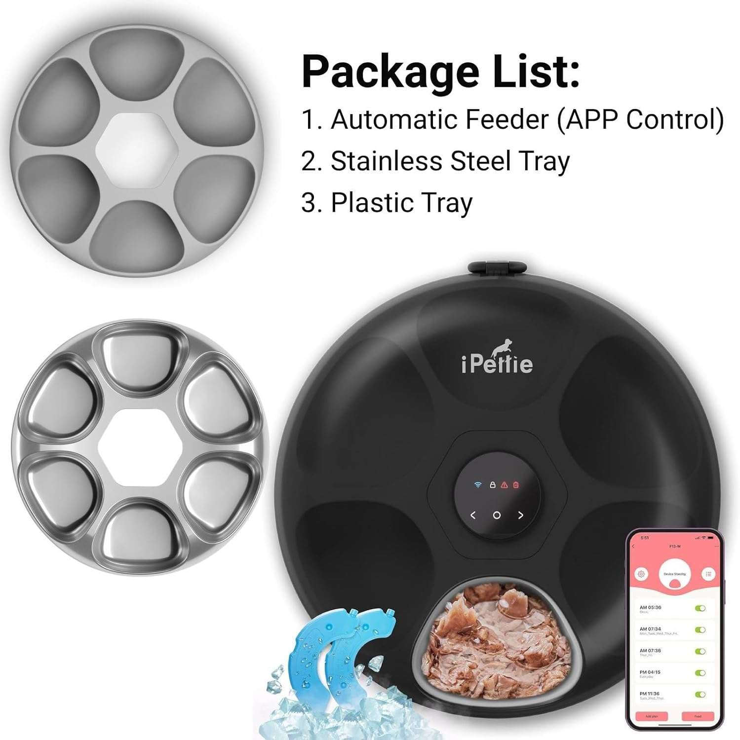 Comedero inteligente programable blanco con 6 platos de acero inoxidable conexion WiFi y packs de hielo para comida humeda y seca capacidad 1.4 kg.