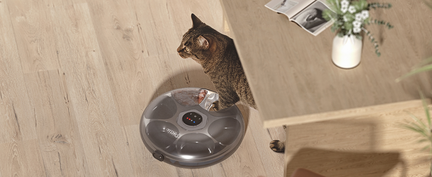 Comedero inteligente programable blanco con 6 platos de acero inoxidable conexion WiFi y packs de hielo para comida humeda y seca capacidad 1.4 kg.