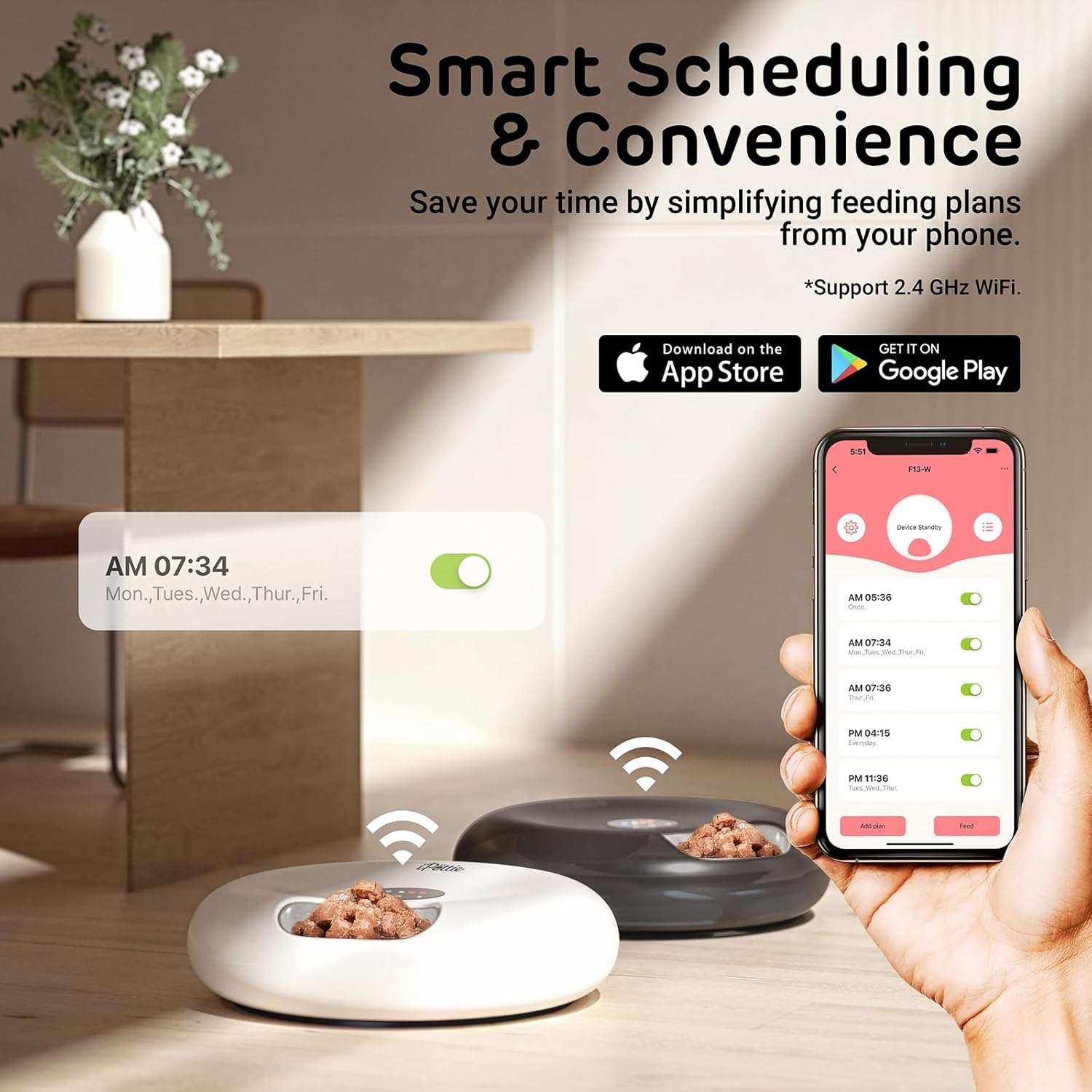 Comedero inteligente programable blanco con 6 platos de acero inoxidable conexion WiFi y packs de hielo para comida humeda y seca capacidad 1.4 kg.