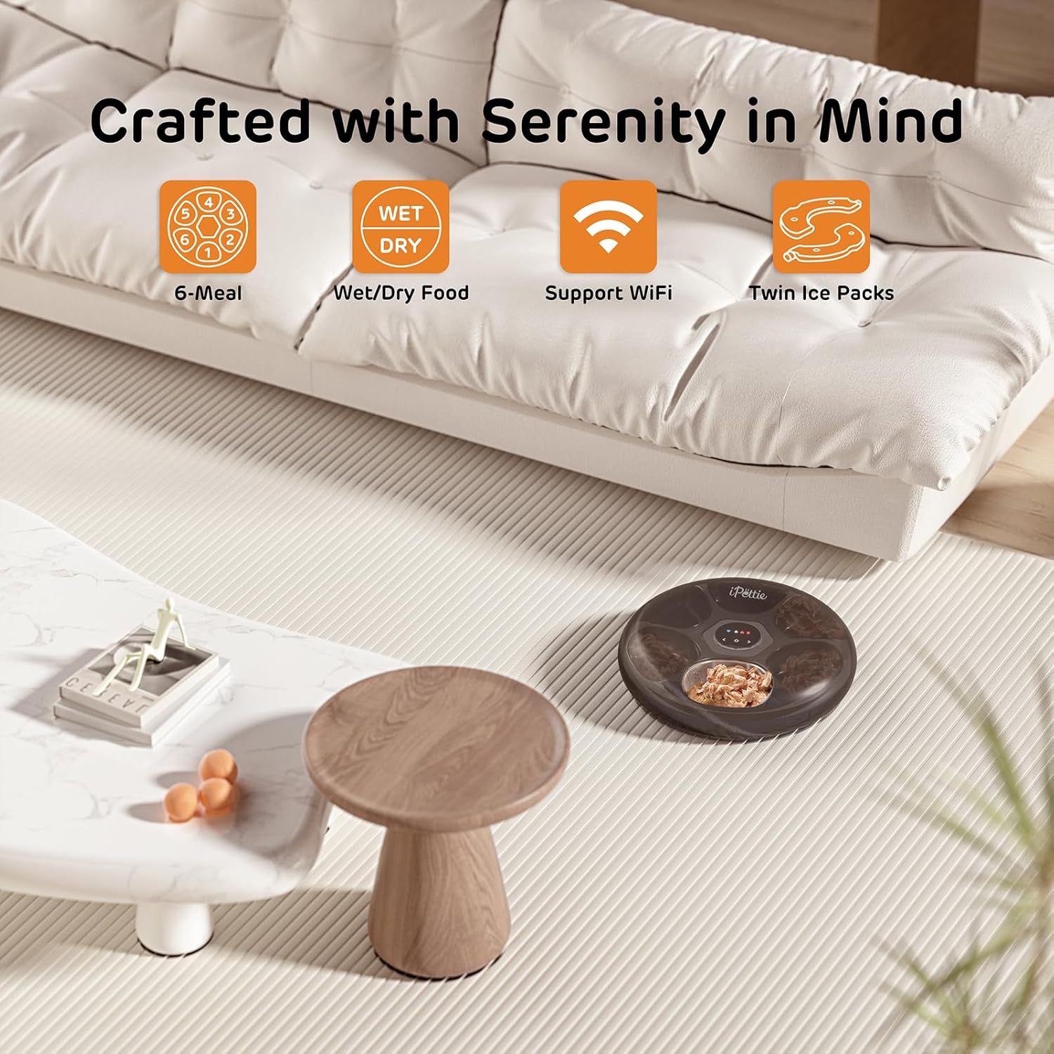 Comedero inteligente programable blanco con 6 platos de acero inoxidable conexion WiFi y packs de hielo para comida humeda y seca capacidad 1.4 kg.