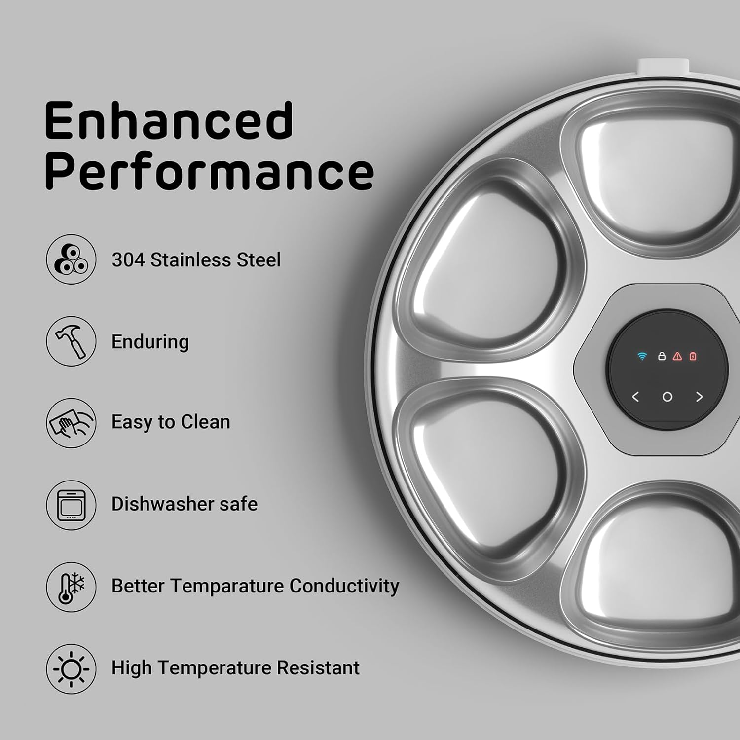 Comedero inteligente programable blanco con 6 platos de acero inoxidable conexion WiFi y packs de hielo para comida humeda y seca capacidad 1.4 kg.