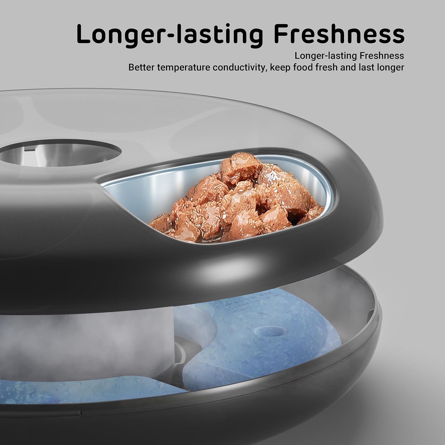 Comedero inteligente programable blanco con 6 platos de acero inoxidable conexion WiFi y packs de hielo para comida humeda y seca capacidad 1.4 kg.