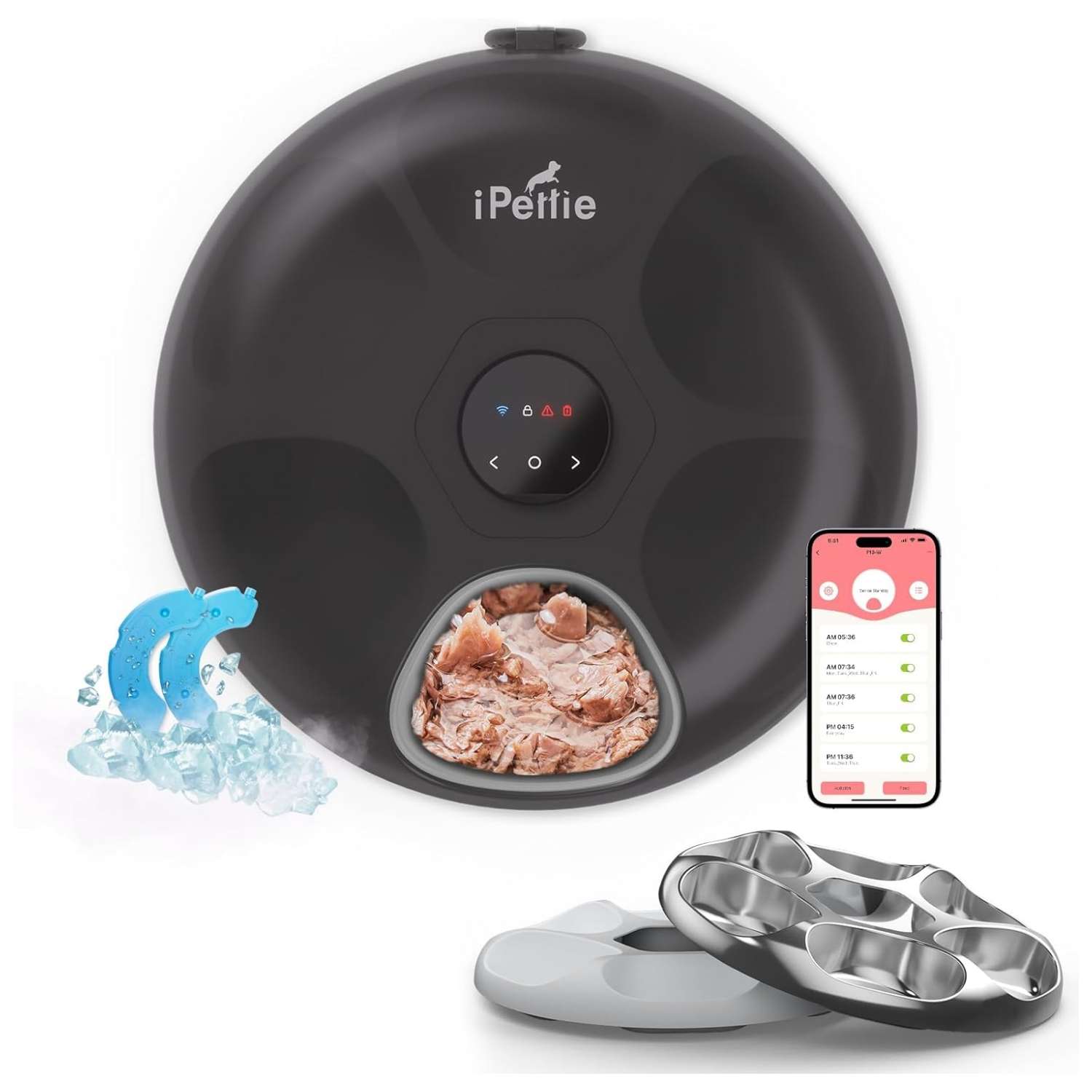 Comedero inteligente programable blanco con 6 platos de acero inoxidable conexion WiFi y packs de hielo para comida humeda y seca capacidad 1.4 kg.