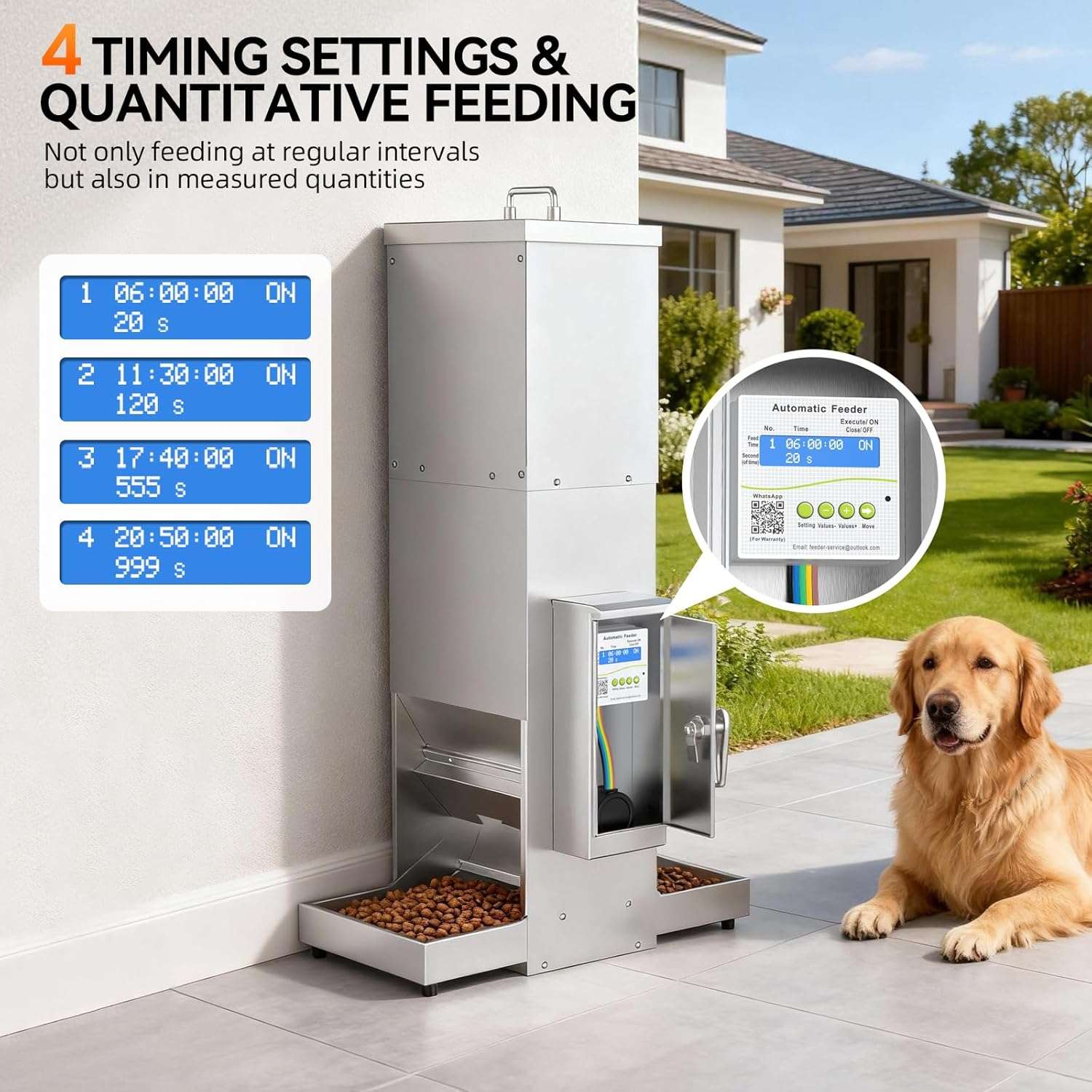 Comedero automatico programable de acero inoxidable para perros grandes de 15 kg instalado en pared.
