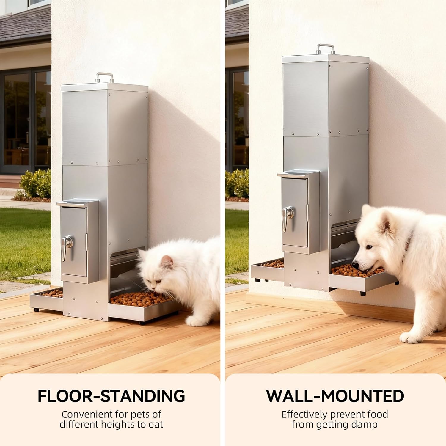 Comedero automatico programable de acero inoxidable para perros grandes de 15 kg instalado en pared.