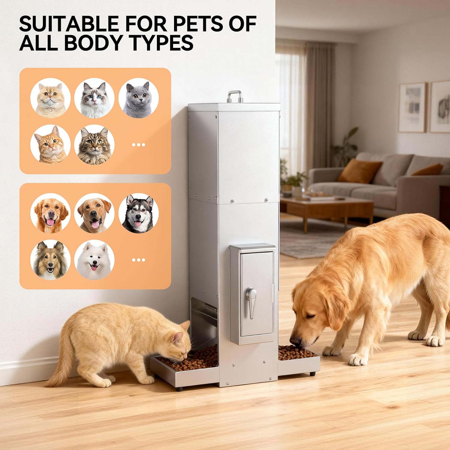 Comedero automatico programable de acero inoxidable para perros grandes de 15 kg instalado en pared.