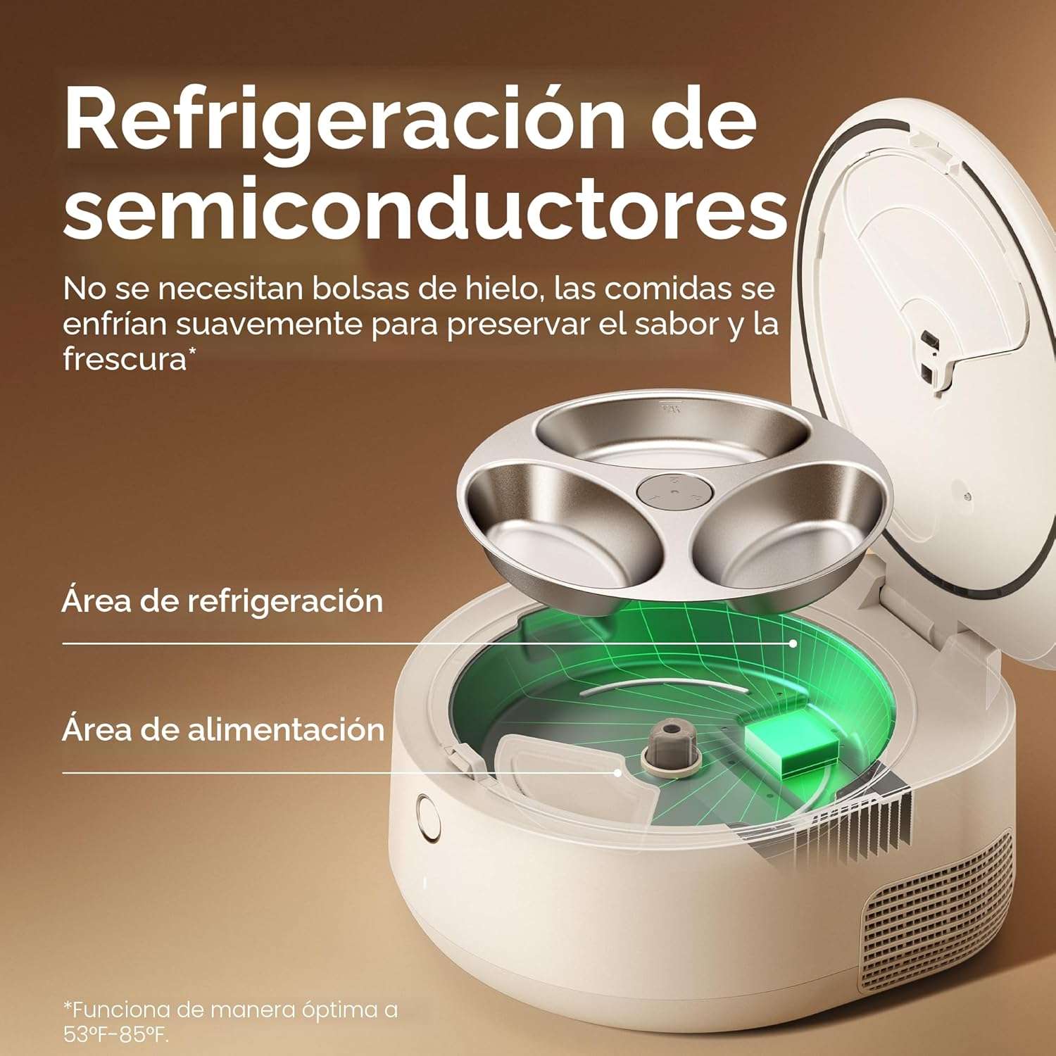 Comedero inteligente refrigerado blanco con 3 platos de acero inoxidable para comida humeda conexion WiFi y sensores de seguridad infrarrojos.
