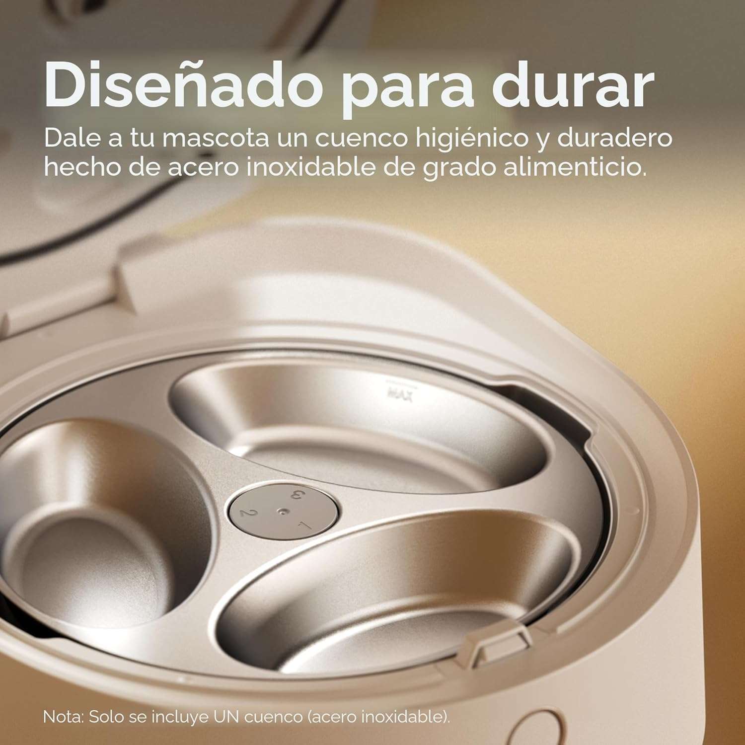 Comedero inteligente refrigerado blanco con 3 platos de acero inoxidable para comida humeda conexion WiFi y sensores de seguridad infrarrojos.