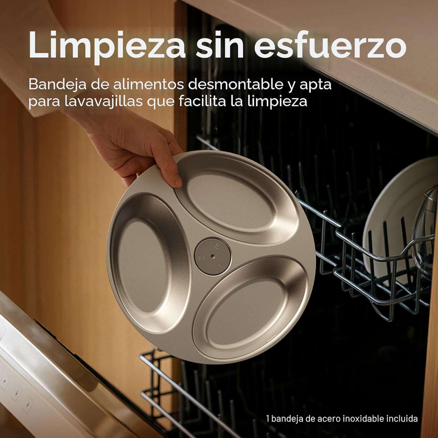 Comedero inteligente refrigerado blanco con 3 platos de acero inoxidable para comida humeda conexion WiFi y sensores de seguridad infrarrojos.