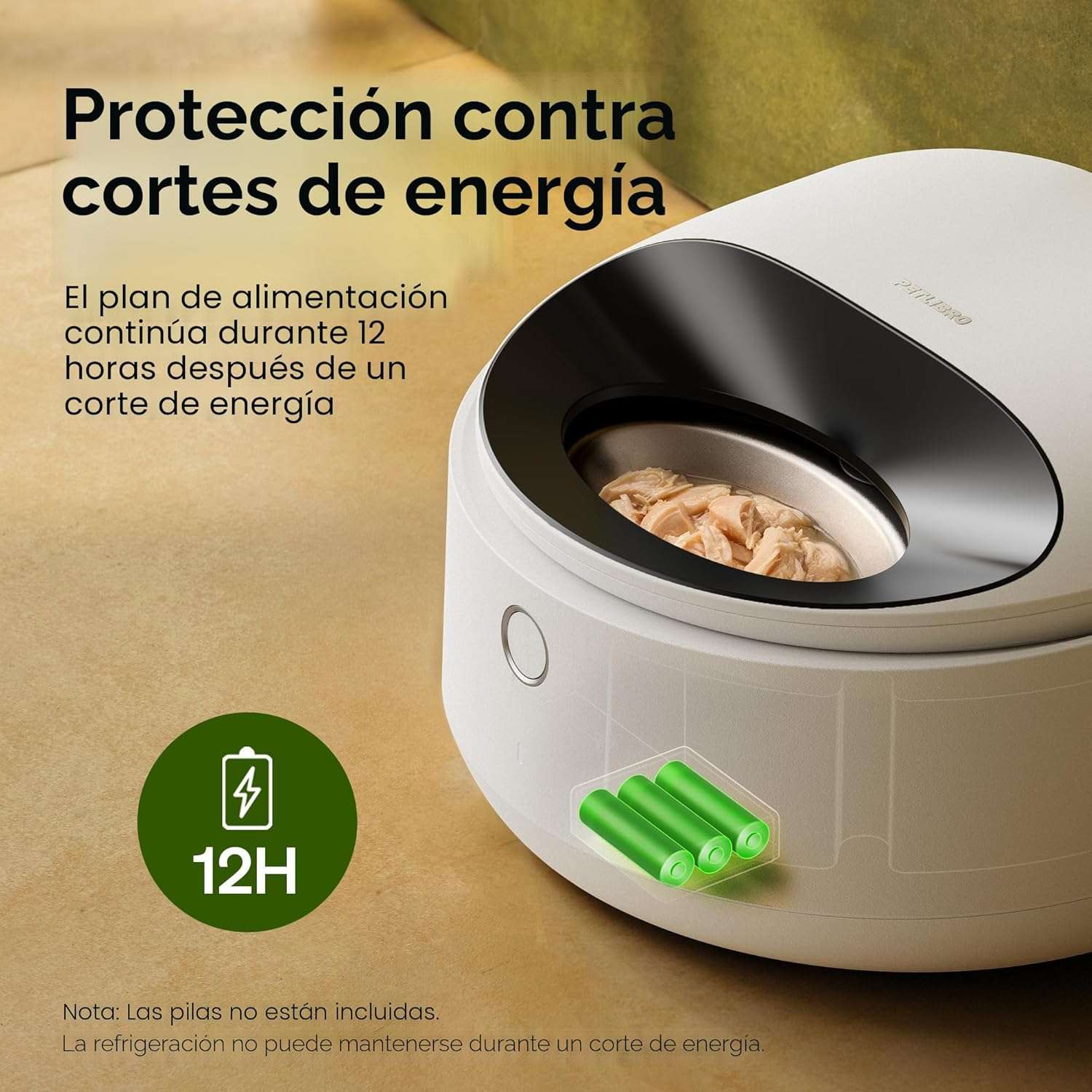 Comedero inteligente refrigerado blanco con 3 platos de acero inoxidable para comida humeda conexion WiFi y sensores de seguridad infrarrojos.