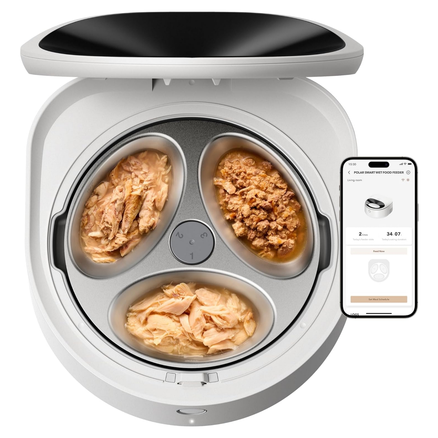 Comedero inteligente refrigerado blanco con 3 platos de acero inoxidable para comida humeda conexion WiFi y sensores de seguridad infrarrojos.