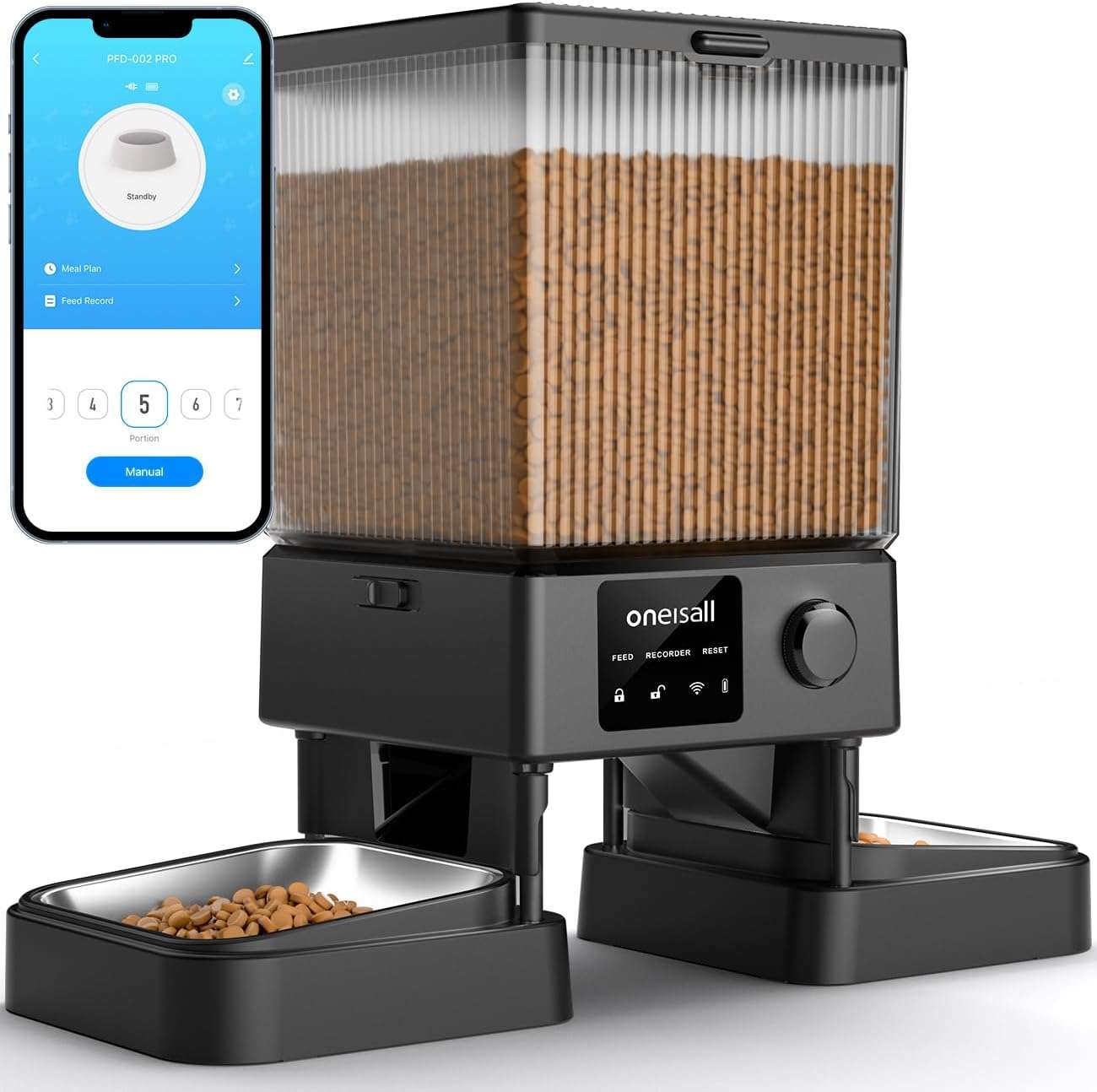 Comedero inteligente blanco con doble plato de acero inoxidable y conexion WiFi 5G capacidad 2.2 kg para dos gatos o perros pequeños.