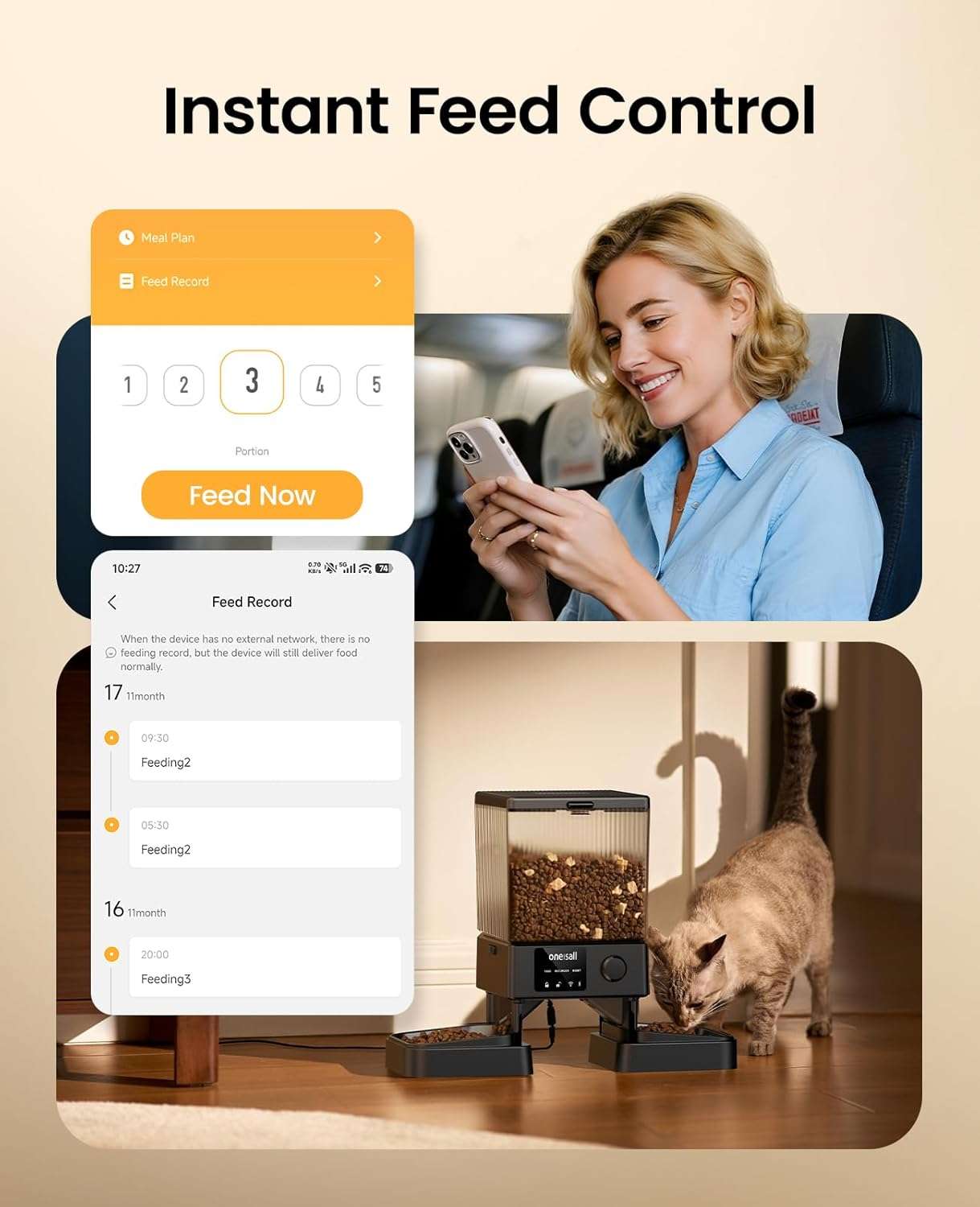 Comedero inteligente blanco con doble plato de acero inoxidable y conexion WiFi 5G capacidad 2.2 kg para dos gatos o perros pequeños.