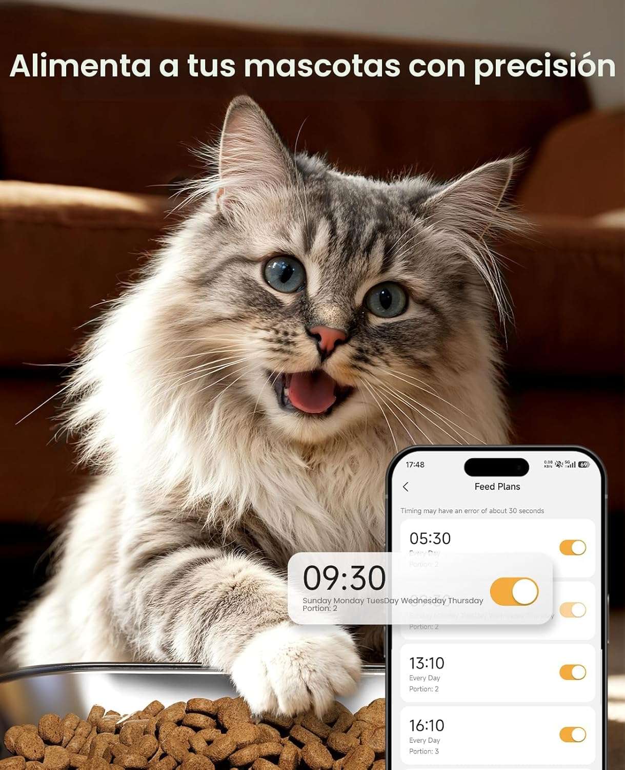 Comedero inteligente blanco con doble plato de acero inoxidable y conexion WiFi 5G capacidad 2.2 kg para dos gatos o perros pequeños.