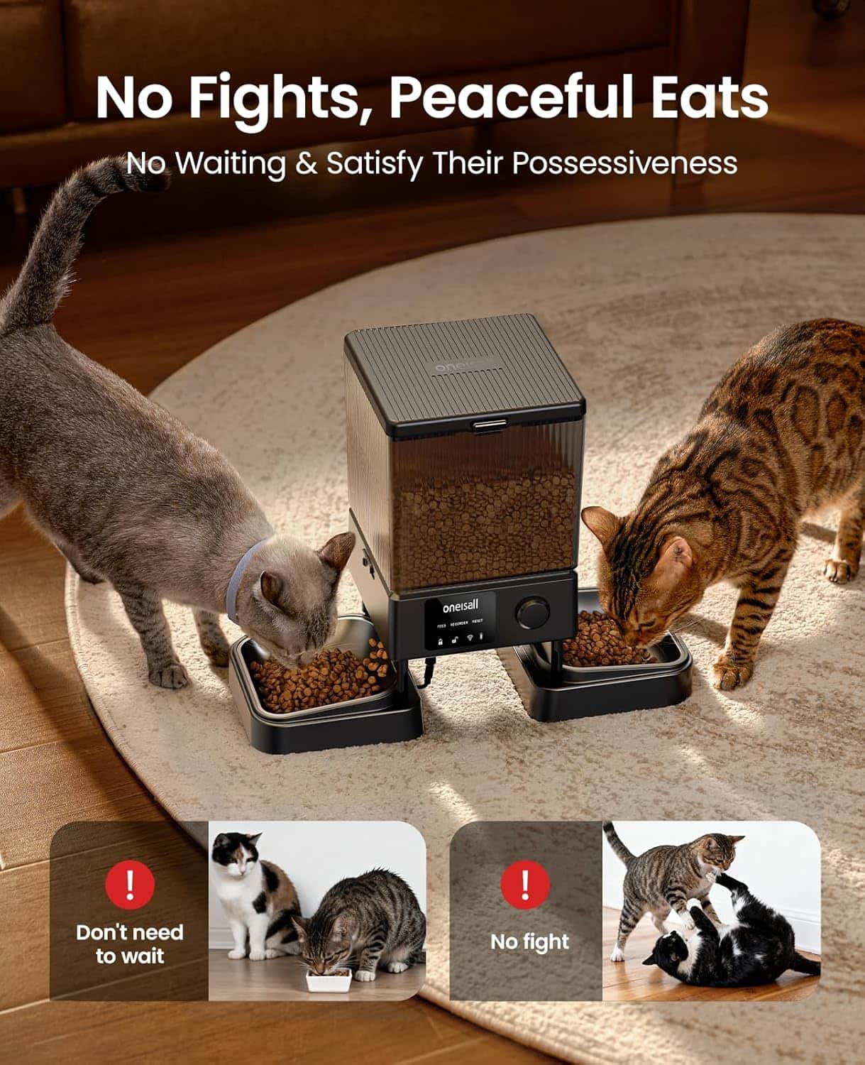 Comedero inteligente blanco con doble plato de acero inoxidable y conexion WiFi 5G capacidad 2.2 kg para dos gatos o perros pequeños.