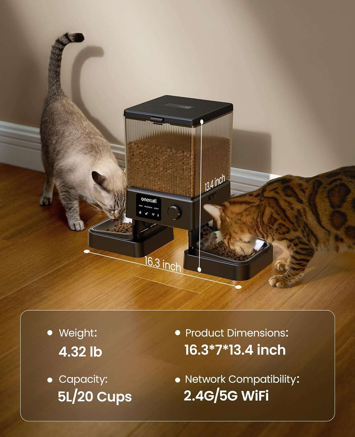 Comedero inteligente blanco con doble plato de acero inoxidable y conexion WiFi 5G capacidad 2.2 kg para dos gatos o perros pequeños.