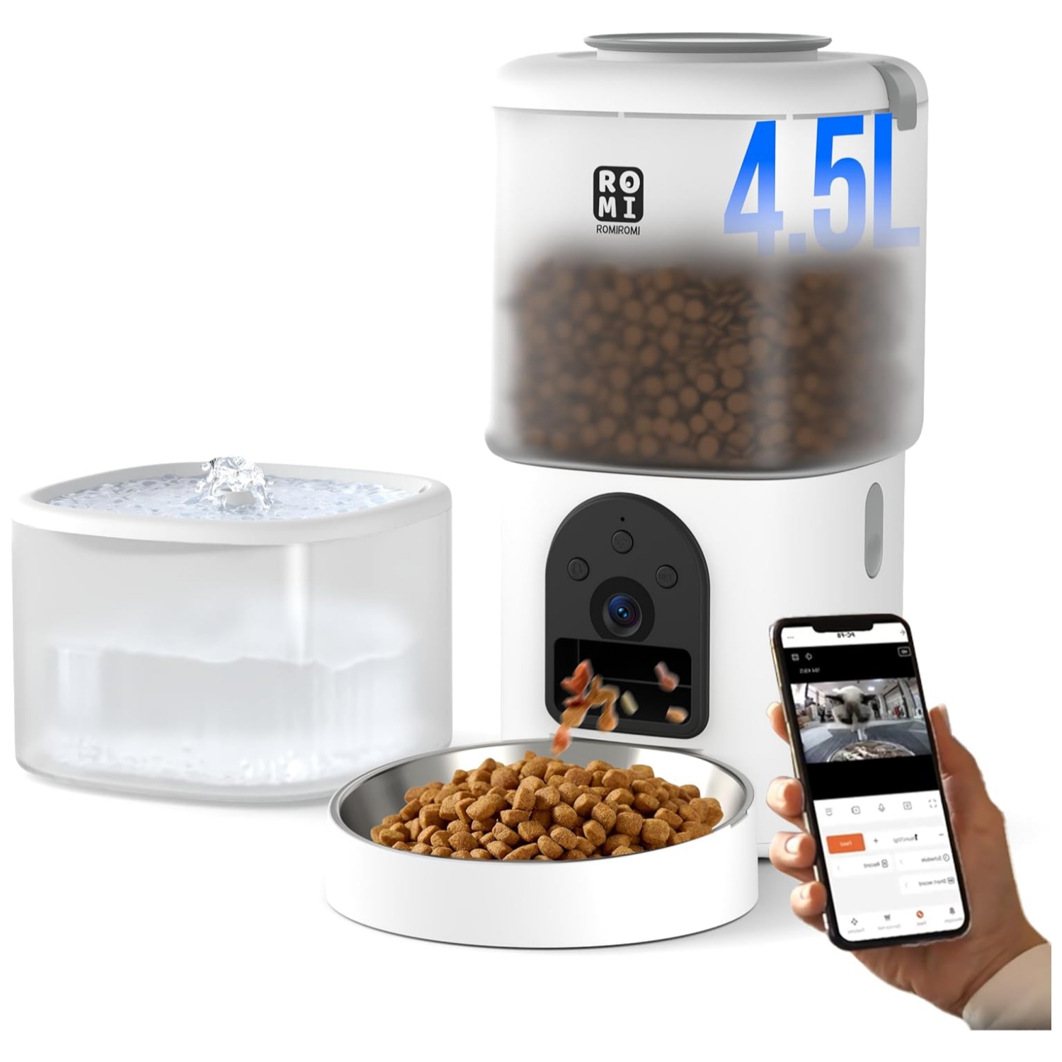 Kit de 2 kg y 2.5L con WiFi 5G y camara HD. Programacion por app, audio en tiempo real y filtracion de agua superior para la salud de gatos y perros pequeños.