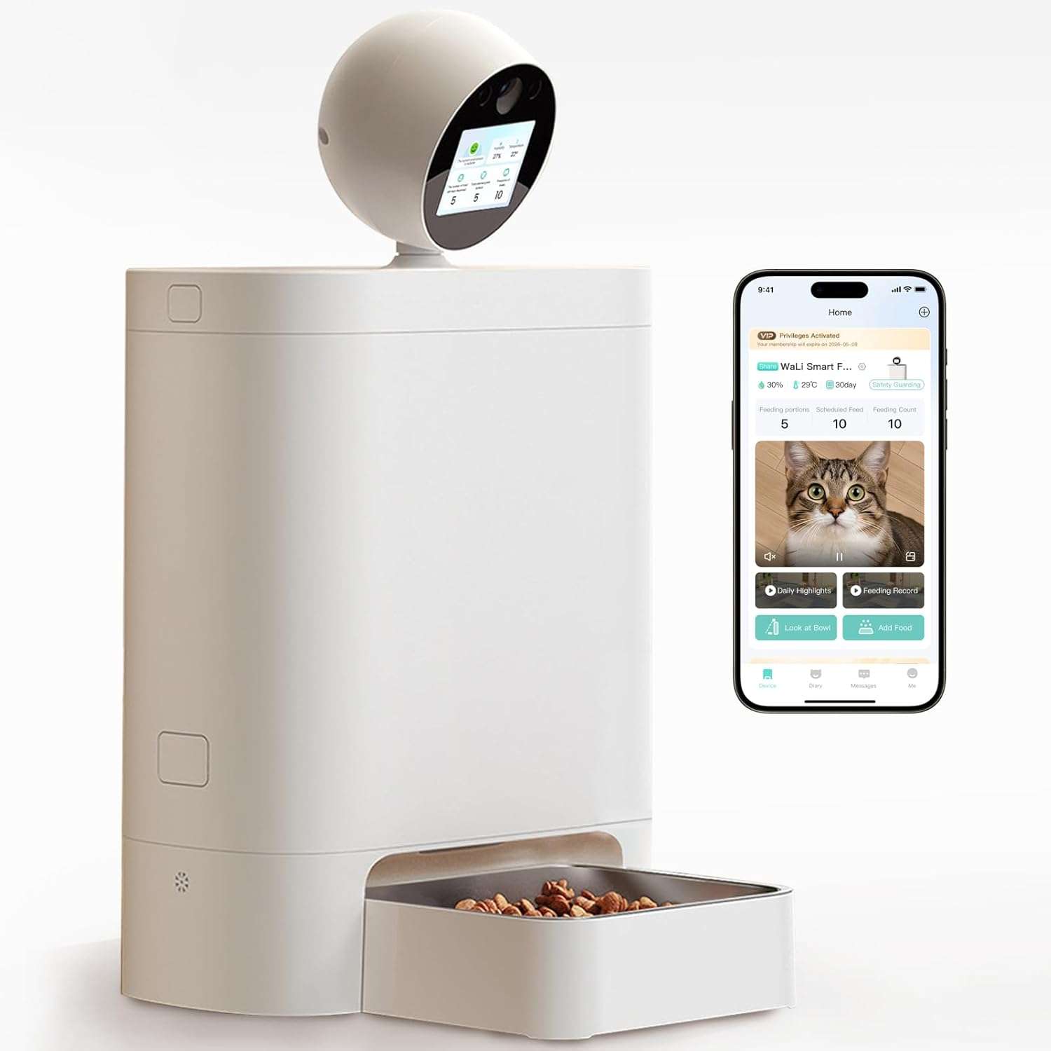 Comedero inteligente blanco con camara giratoria 2K pantalla IPS frontal y plato de acero inoxidable capacidad 2.5 kg con conexion WiFi 5G.