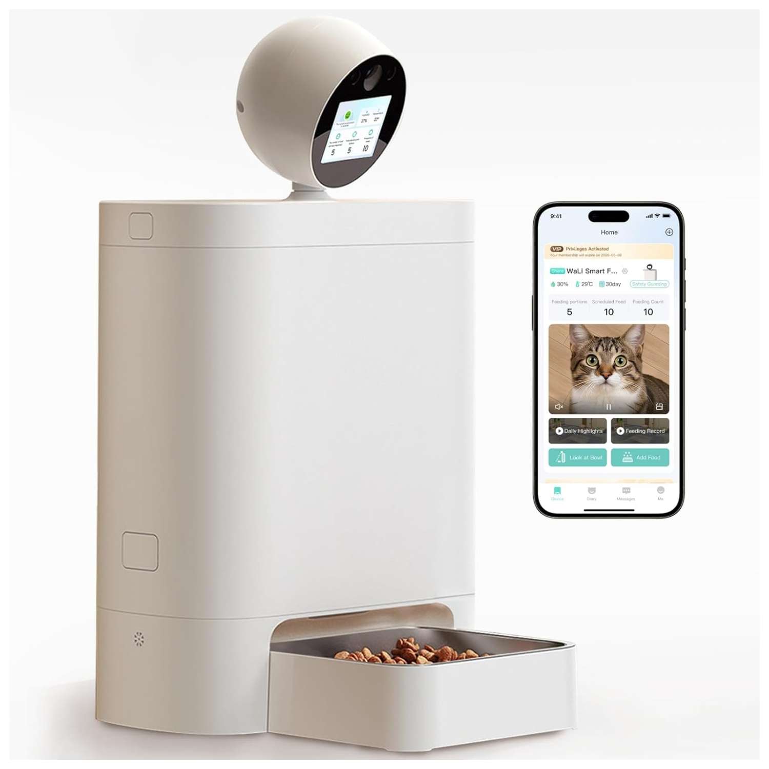 Comedero inteligente blanco con camara giratoria 2K pantalla IPS frontal y plato de acero inoxidable capacidad 2.5 kg con conexion WiFi 5G.