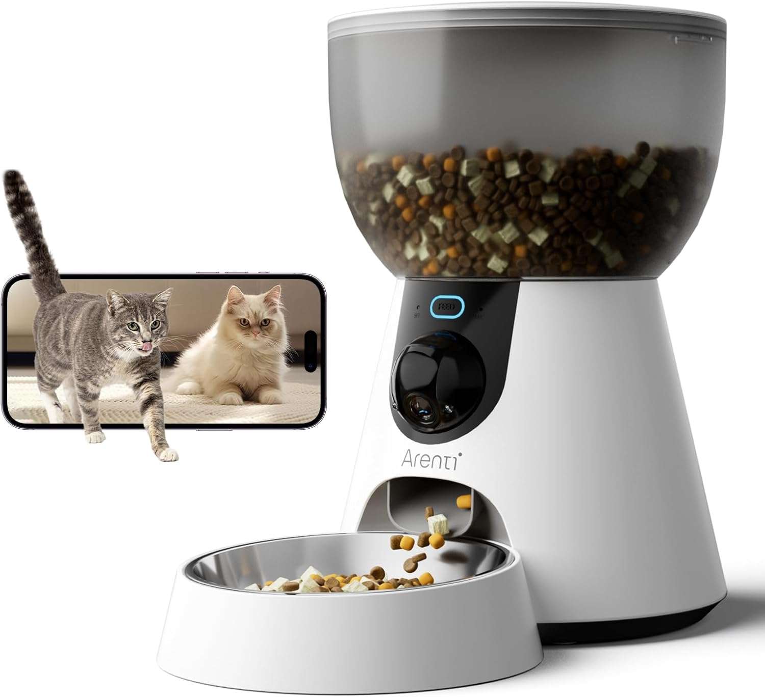 Comedero inteligente blanco con camara 2K gran angular plato de acero inoxidable y conexion WiFi 5G capacidad 2 kg para mascotas.