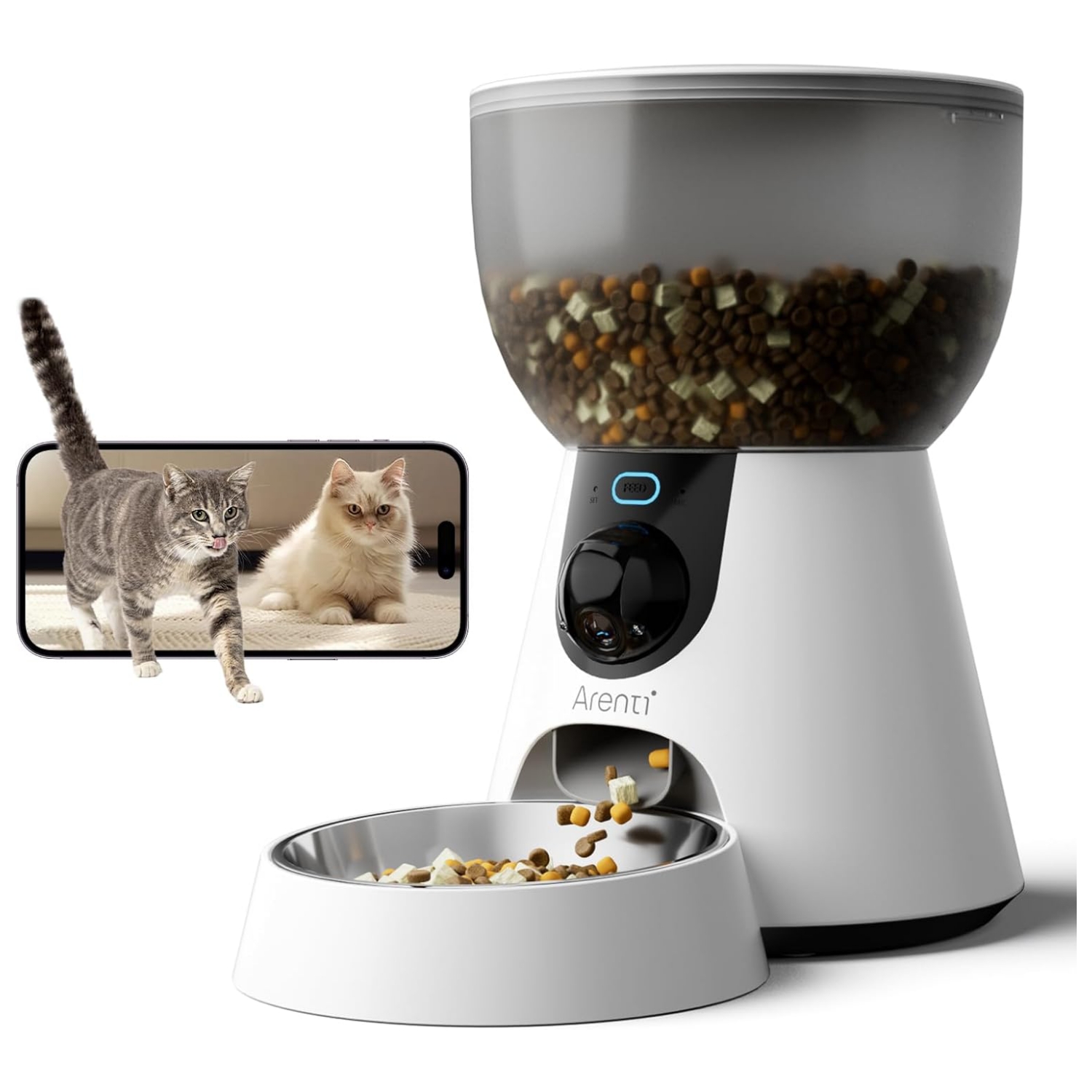 Comedero inteligente blanco con camara 2K gran angular plato de acero inoxidable y conexion WiFi 5G capacidad 2 kg para mascotas.