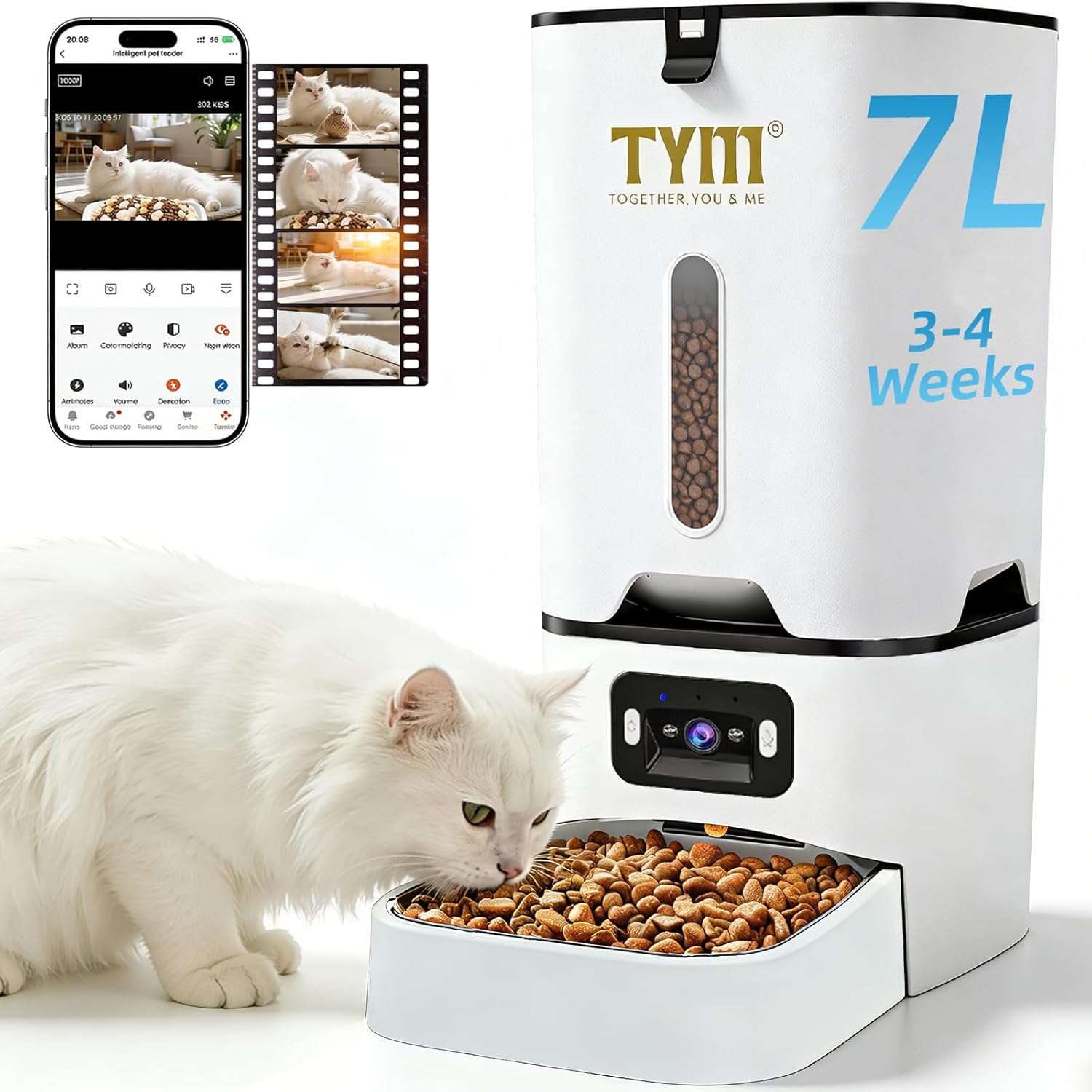 Comedero inteligente blanco con camara HD gran angular y plato inclinado de acero inoxidable capacidad 3.2 kg con conexion WiFi 5G.
