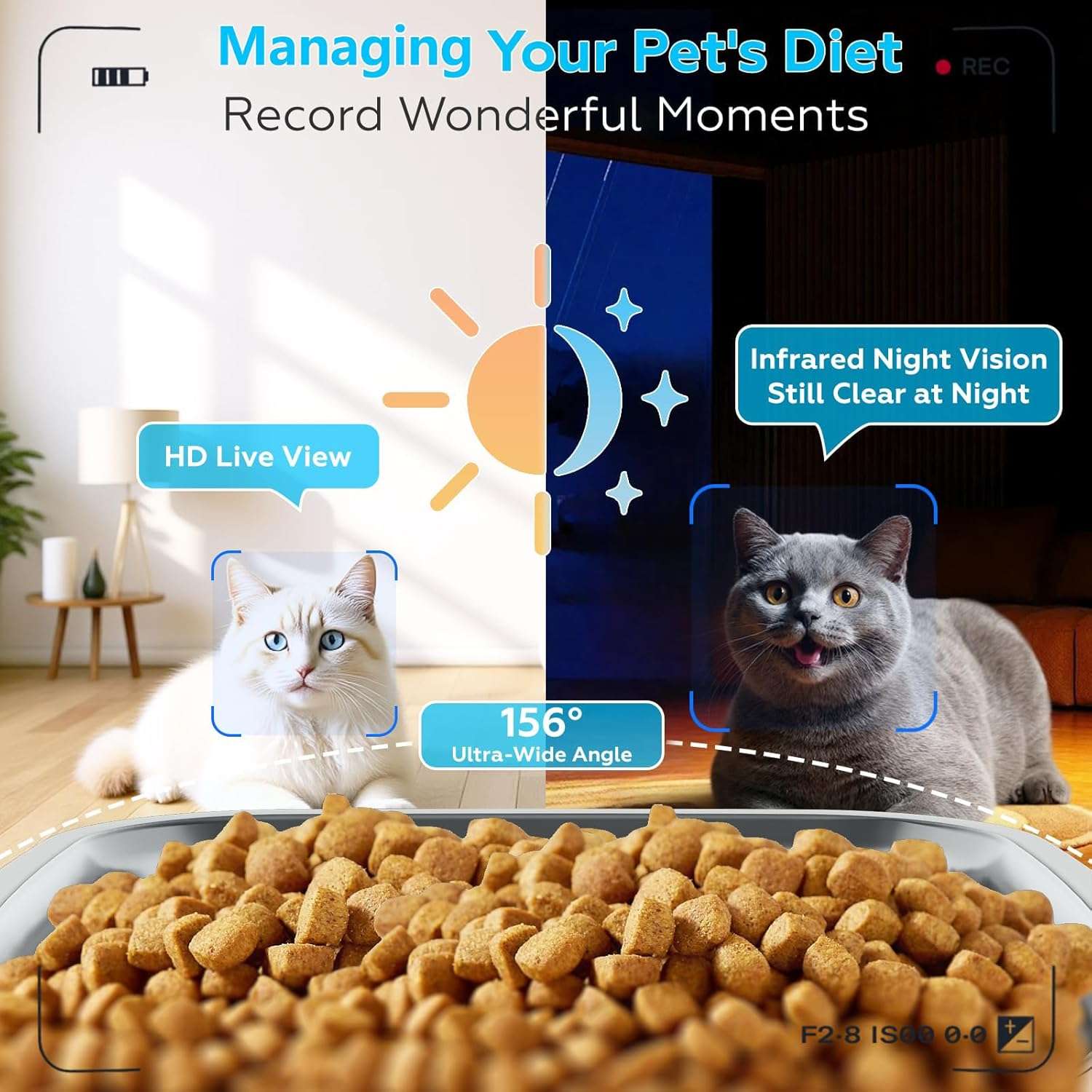 Comedero inteligente blanco con camara HD gran angular y plato inclinado de acero inoxidable capacidad 3.2 kg con conexion WiFi 5G.