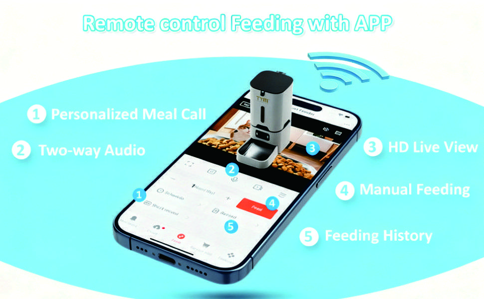 Comedero inteligente blanco con camara HD gran angular y plato inclinado de acero inoxidable capacidad 3.2 kg con conexion WiFi 5G.