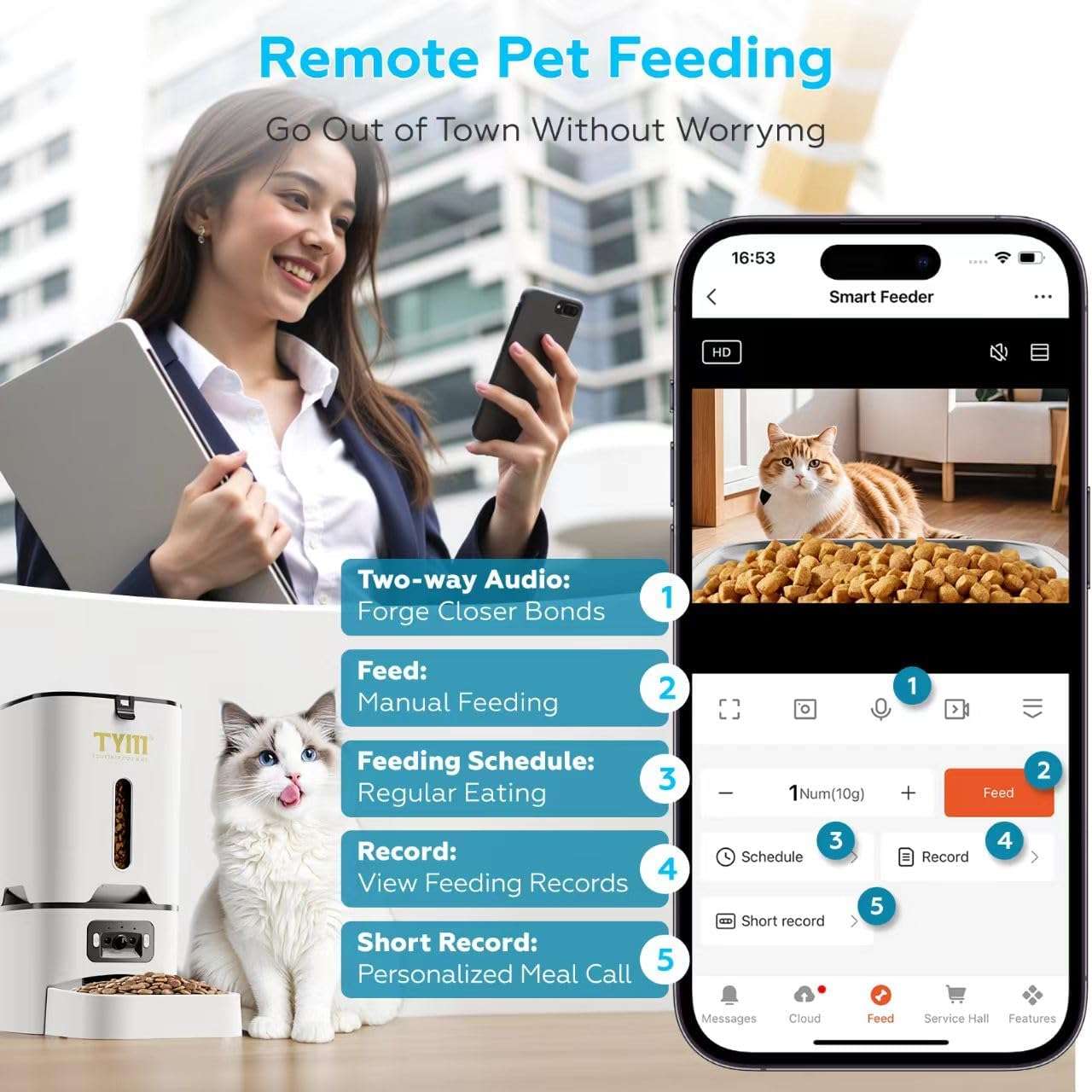 Comedero inteligente blanco con camara HD gran angular y plato inclinado de acero inoxidable capacidad 3.2 kg con conexion WiFi 5G.