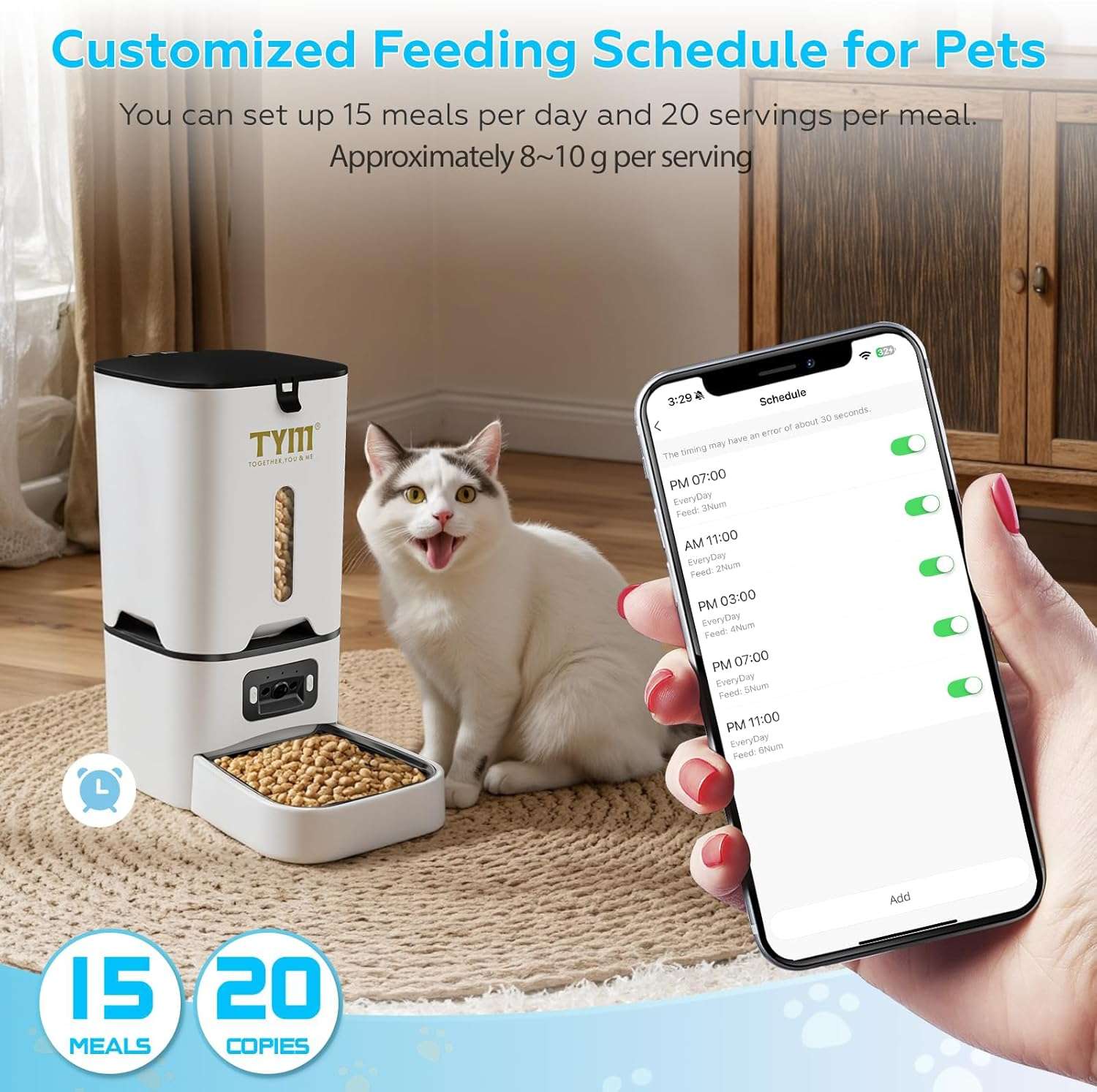 Comedero inteligente blanco con camara HD gran angular y plato inclinado de acero inoxidable capacidad 3.2 kg con conexion WiFi 5G.