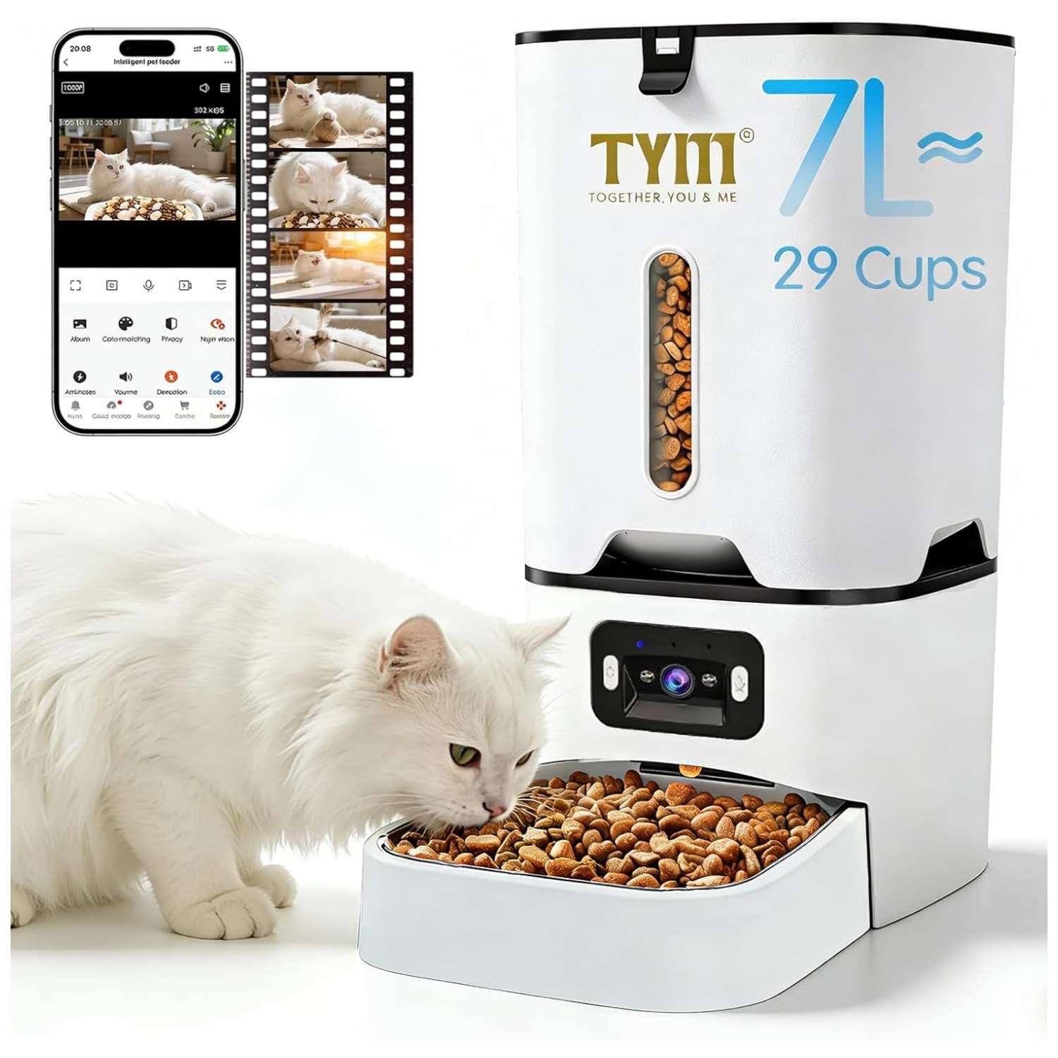 Comedero inteligente blanco con camara HD gran angular y plato inclinado de acero inoxidable capacidad 3.2 kg con conexion WiFi 5G.