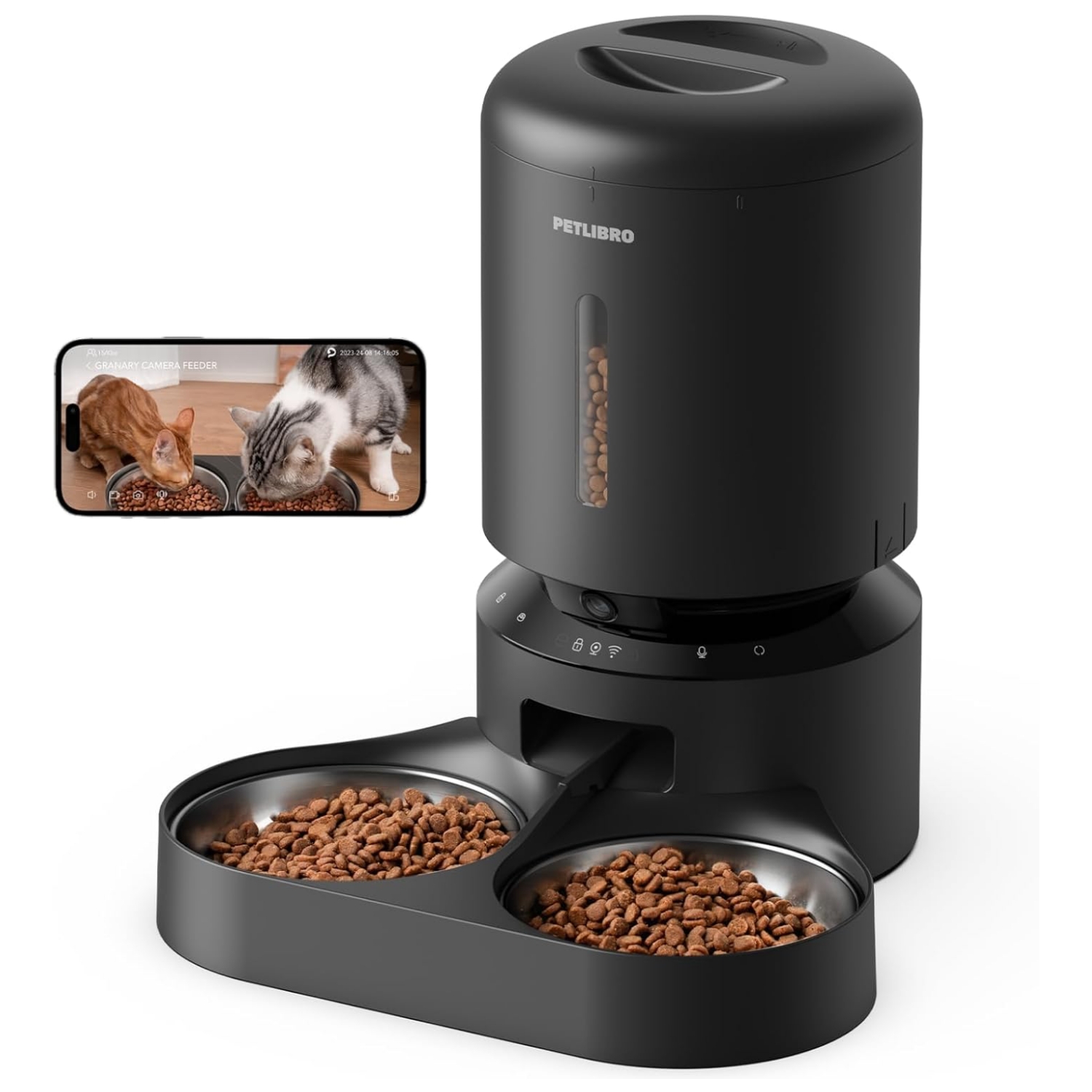 Comedero inteligente blanco de 2.3 kg con camara HD 1080P gran angular audio bidireccional y conexion WiFi 5G para monitoreo remoto de mascotas.