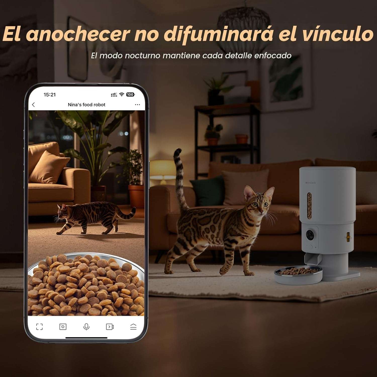 Comedero inteligente blanco de 2.3 kg con camara HD 1080P audio bidireccional y conexion WiFi 5G para monitoreo remoto de mascotas.