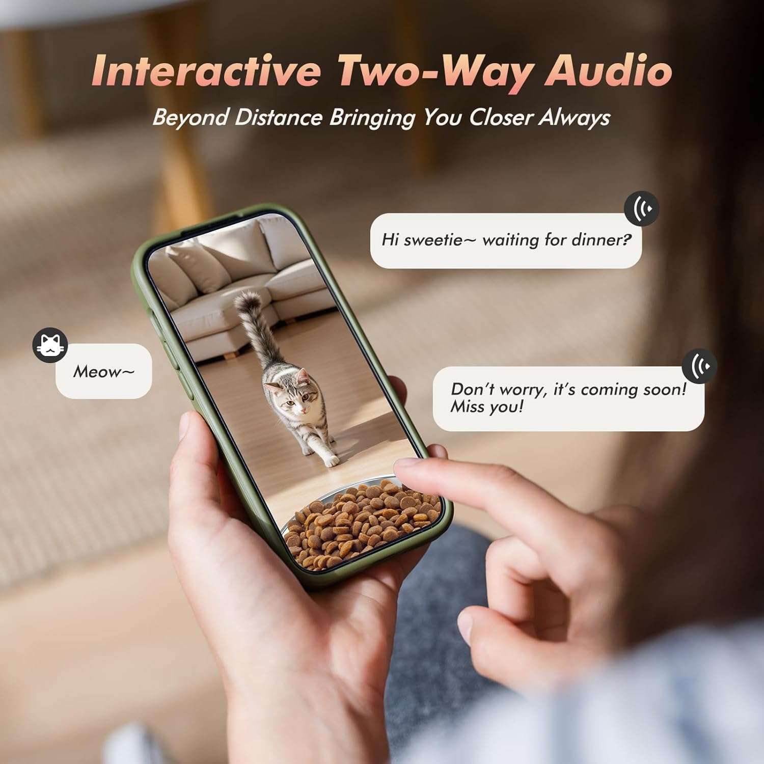 Comedero inteligente blanco de 2.3 kg con camara HD 1080P audio bidireccional y conexion WiFi 5G para monitoreo remoto de mascotas.