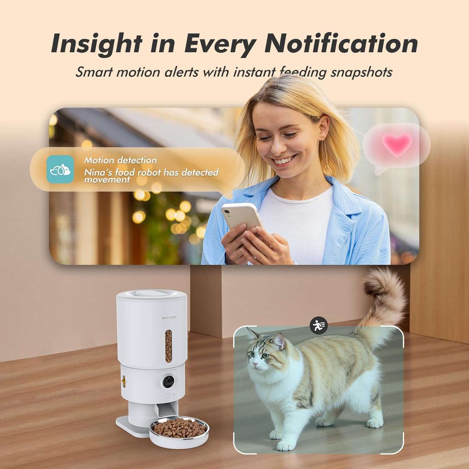 Comedero inteligente blanco de 2.3 kg con camara HD 1080P audio bidireccional y conexion WiFi 5G para monitoreo remoto de mascotas.