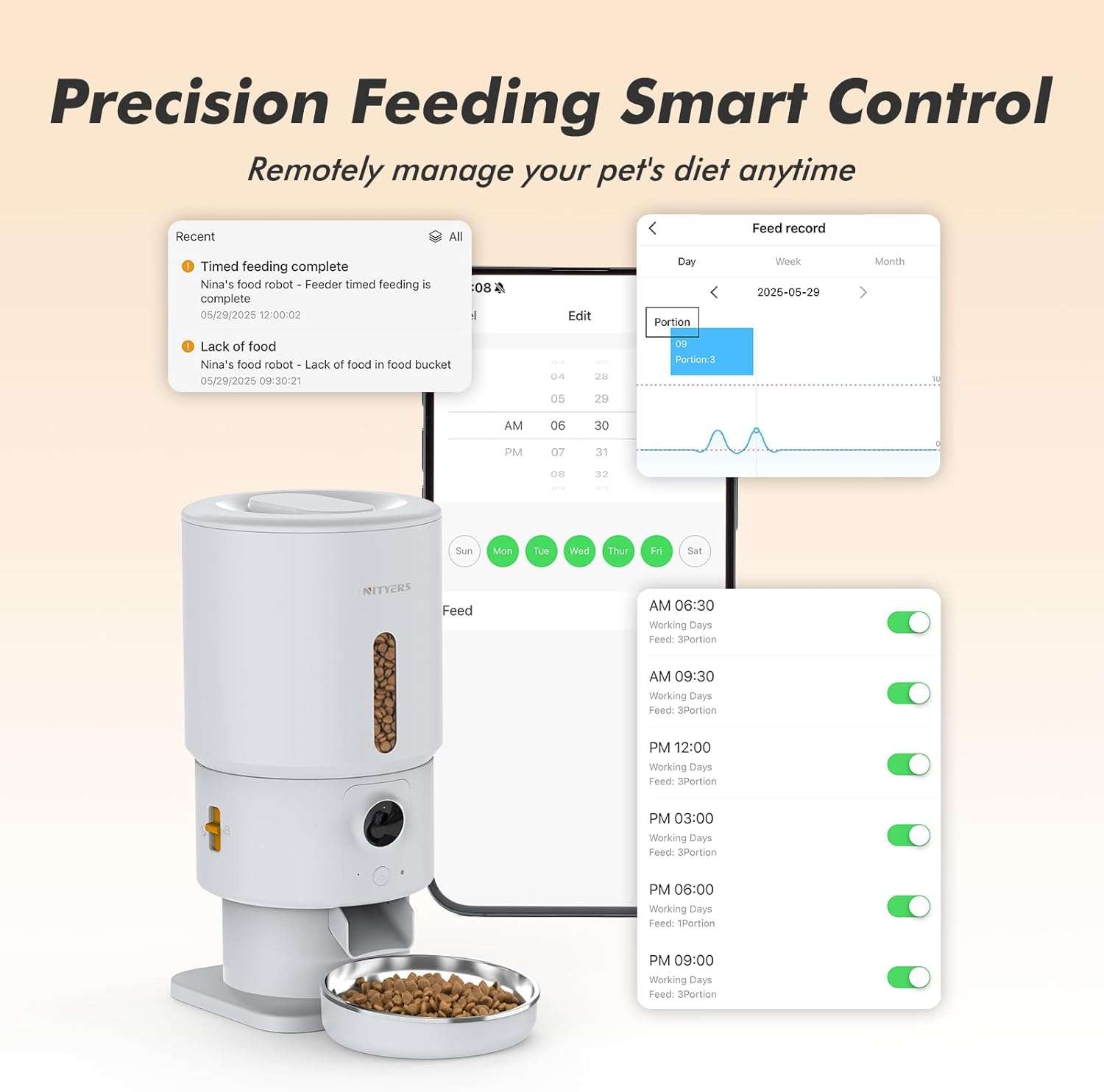 Comedero inteligente blanco de 2.3 kg con camara HD 1080P audio bidireccional y conexion WiFi 5G para monitoreo remoto de mascotas.