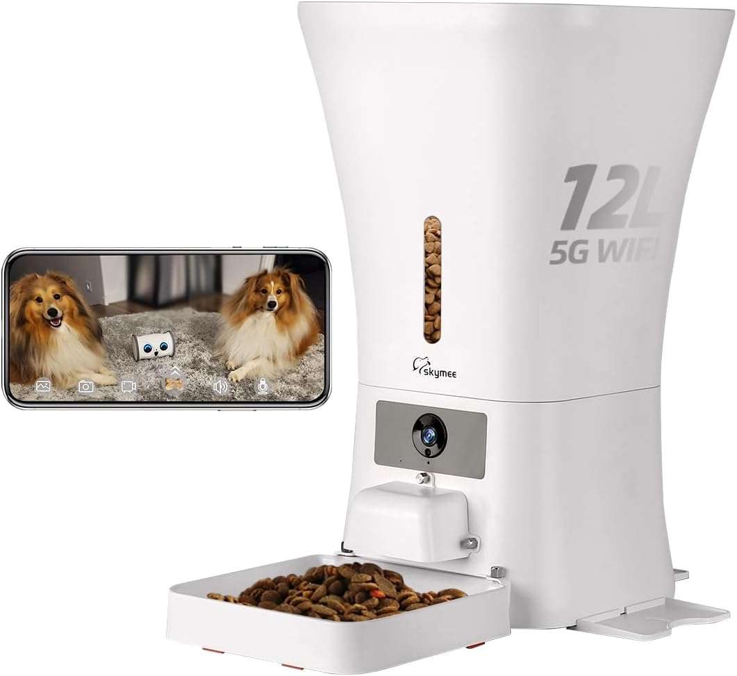 Comedero inteligente blanco de 5 kg con camara HD 1080P audio bidireccional y conexion WiFi 5G para vigilancia de perros y gatos.