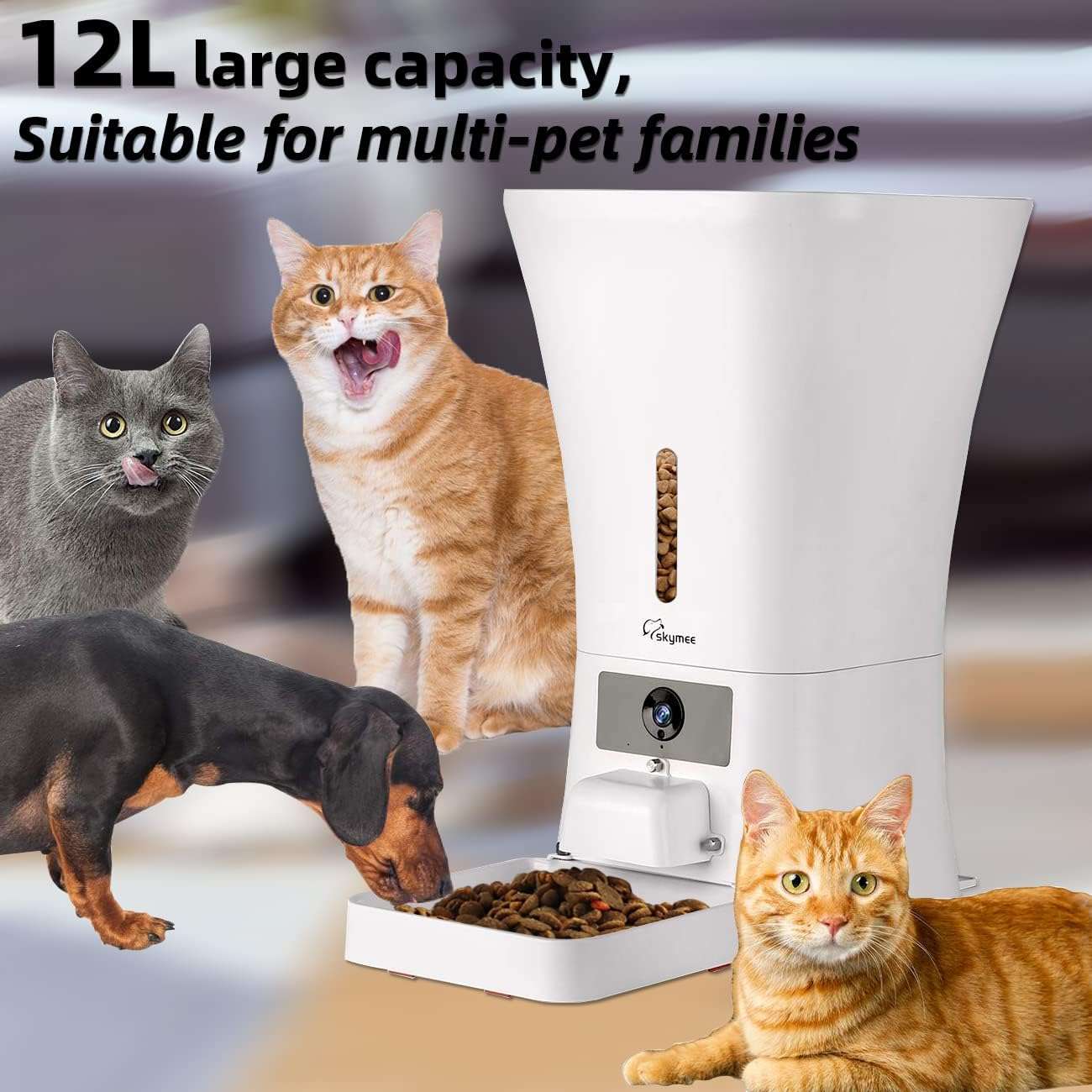 Comedero inteligente blanco de 5 kg con camara HD 1080P audio bidireccional y conexion WiFi 5G para vigilancia de perros y gatos.