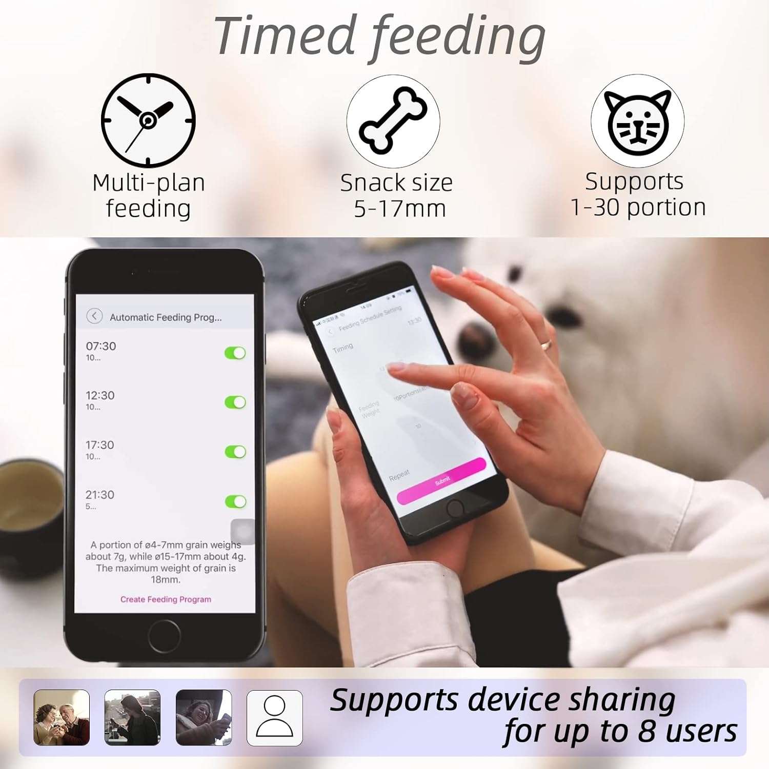 Comedero inteligente blanco de 5 kg con camara HD 1080P audio bidireccional y conexion WiFi 5G para vigilancia de perros y gatos.