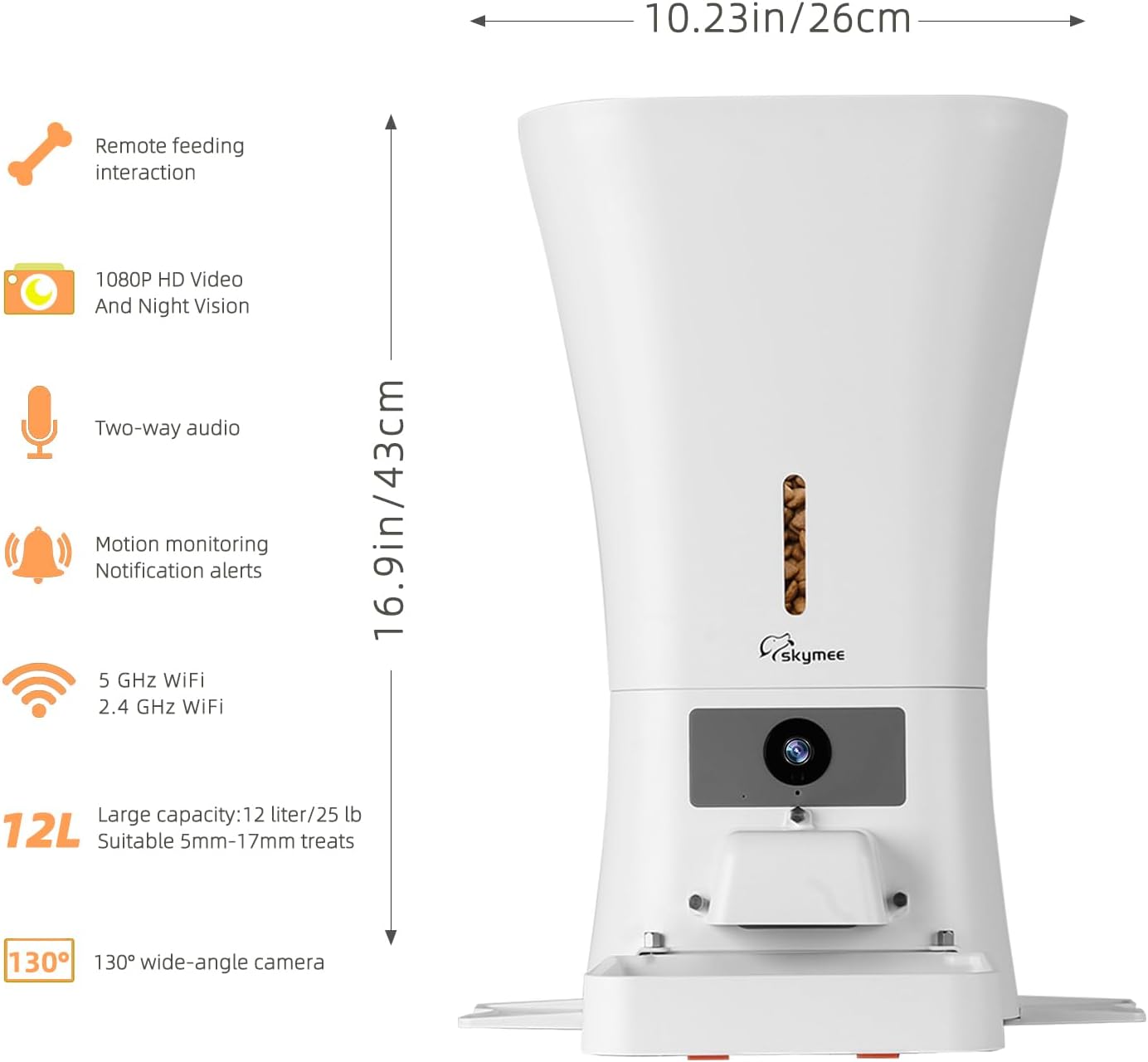 Comedero inteligente blanco de 5 kg con camara HD 1080P audio bidireccional y conexion WiFi 5G para vigilancia de perros y gatos.