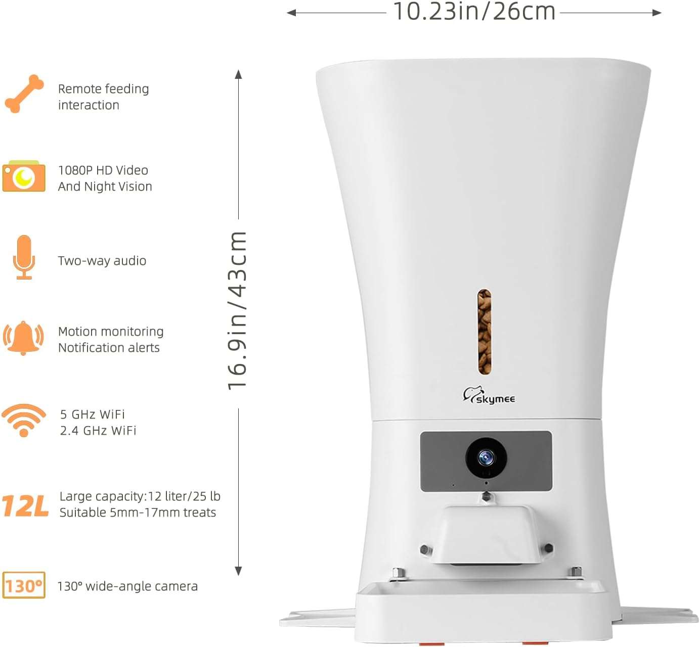 Comedero inteligente blanco de 5 kg con camara HD 1080P audio bidireccional y conexion WiFi 5G para vigilancia de perros y gatos.
