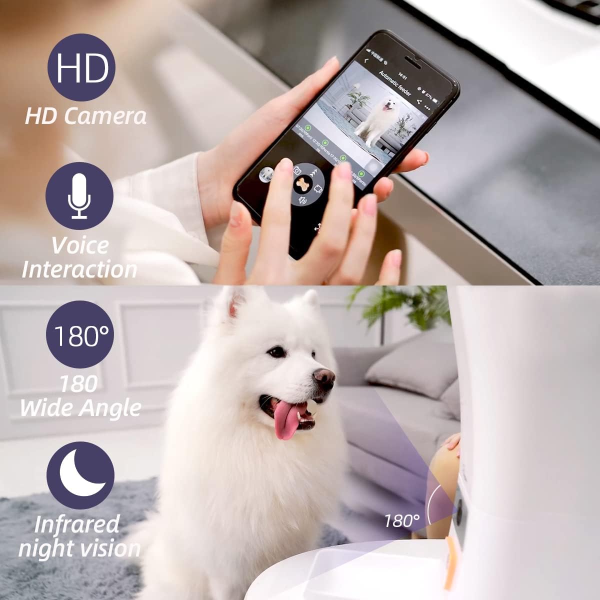 Comedero inteligente blanco de 5 kg con camara HD 1080P audio bidireccional y conexion WiFi 5G para vigilancia de perros y gatos.