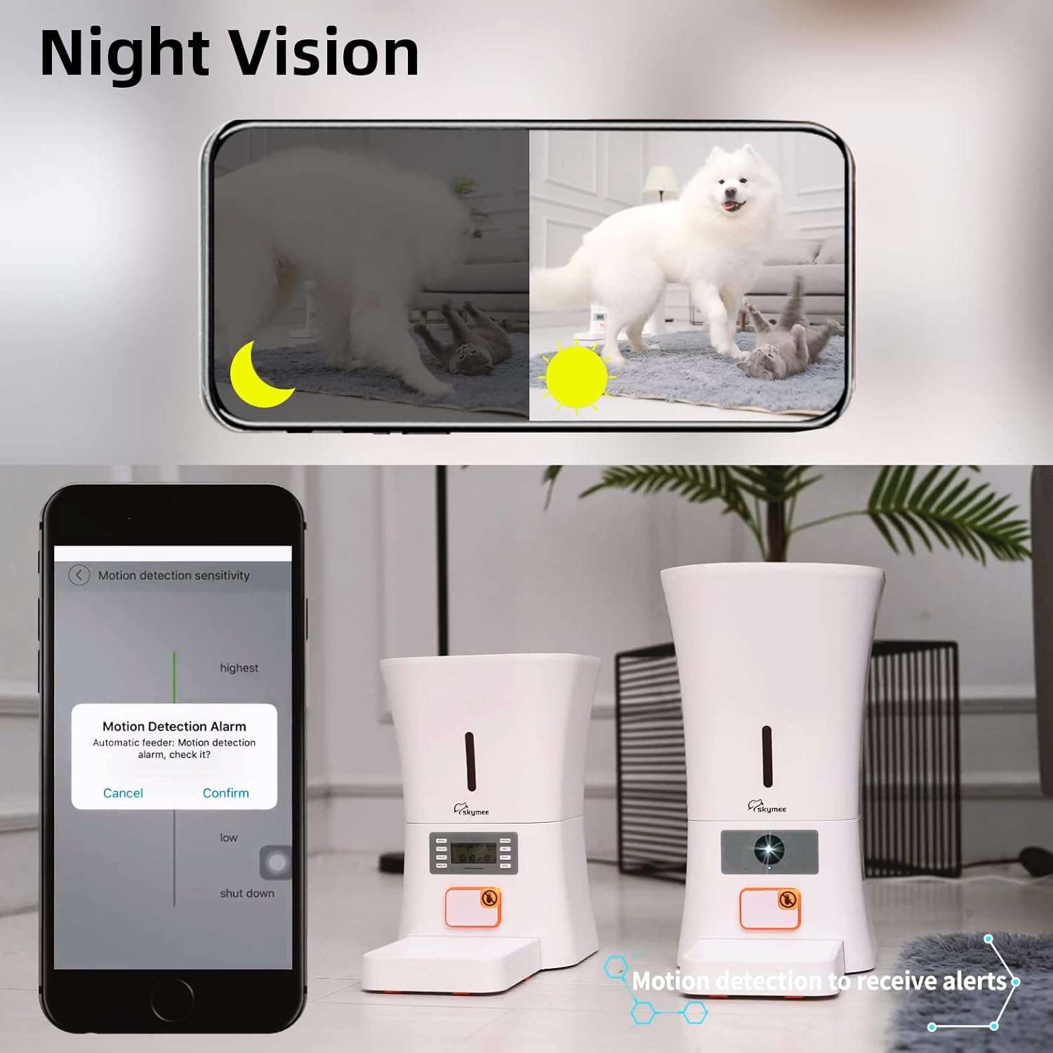 Comedero inteligente blanco de 5 kg con camara HD 1080P audio bidireccional y conexion WiFi 5G para vigilancia de perros y gatos.
