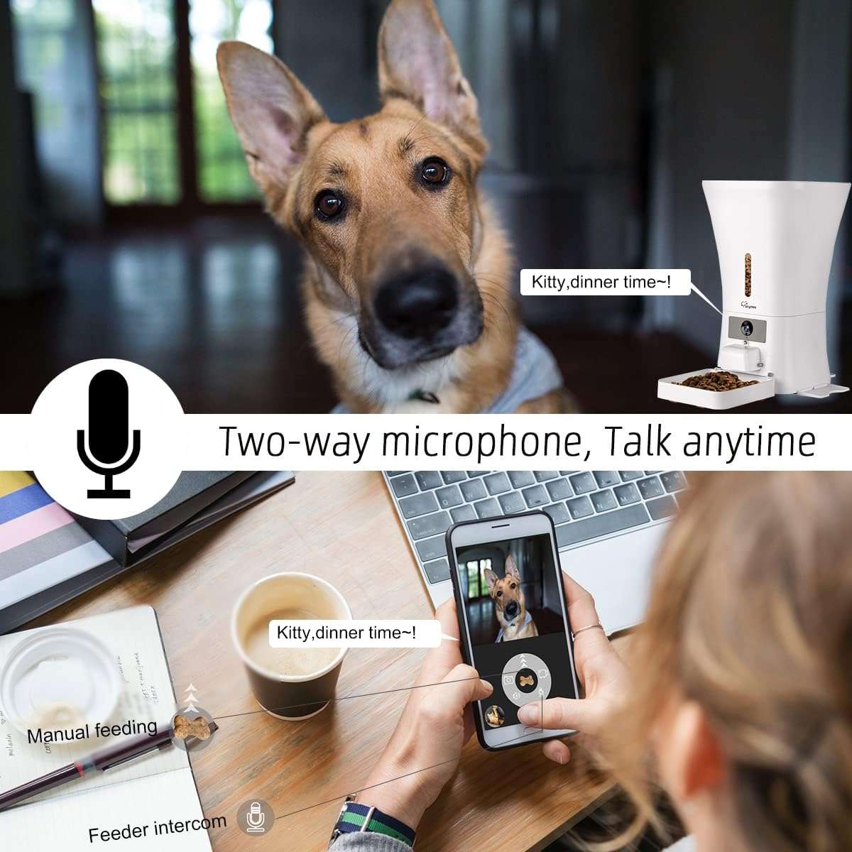 Comedero inteligente blanco de 5 kg con camara HD 1080P audio bidireccional y conexion WiFi 5G para vigilancia de perros y gatos.