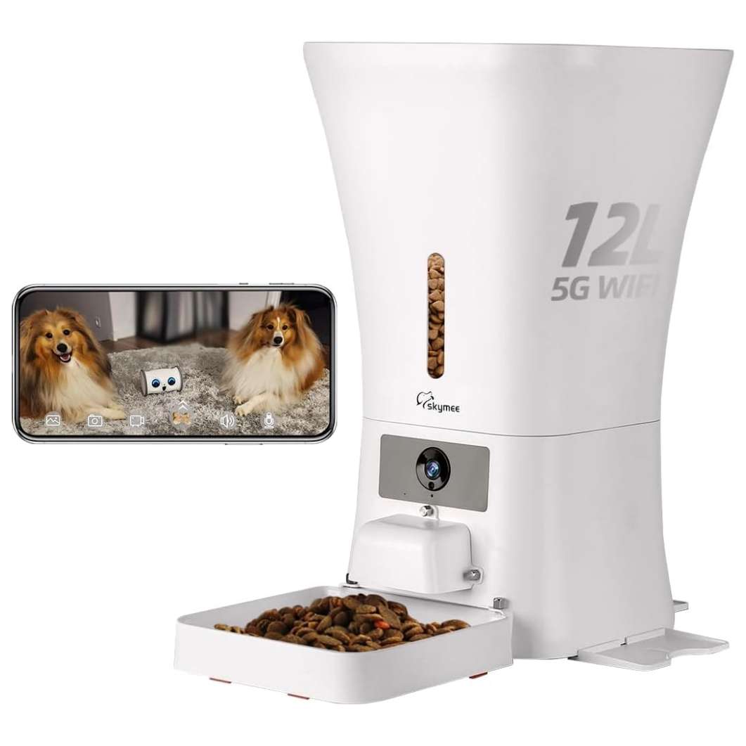 Comedero inteligente blanco de 5 kg con camara HD 1080P audio bidireccional y conexion WiFi 5G para vigilancia de perros y gatos.