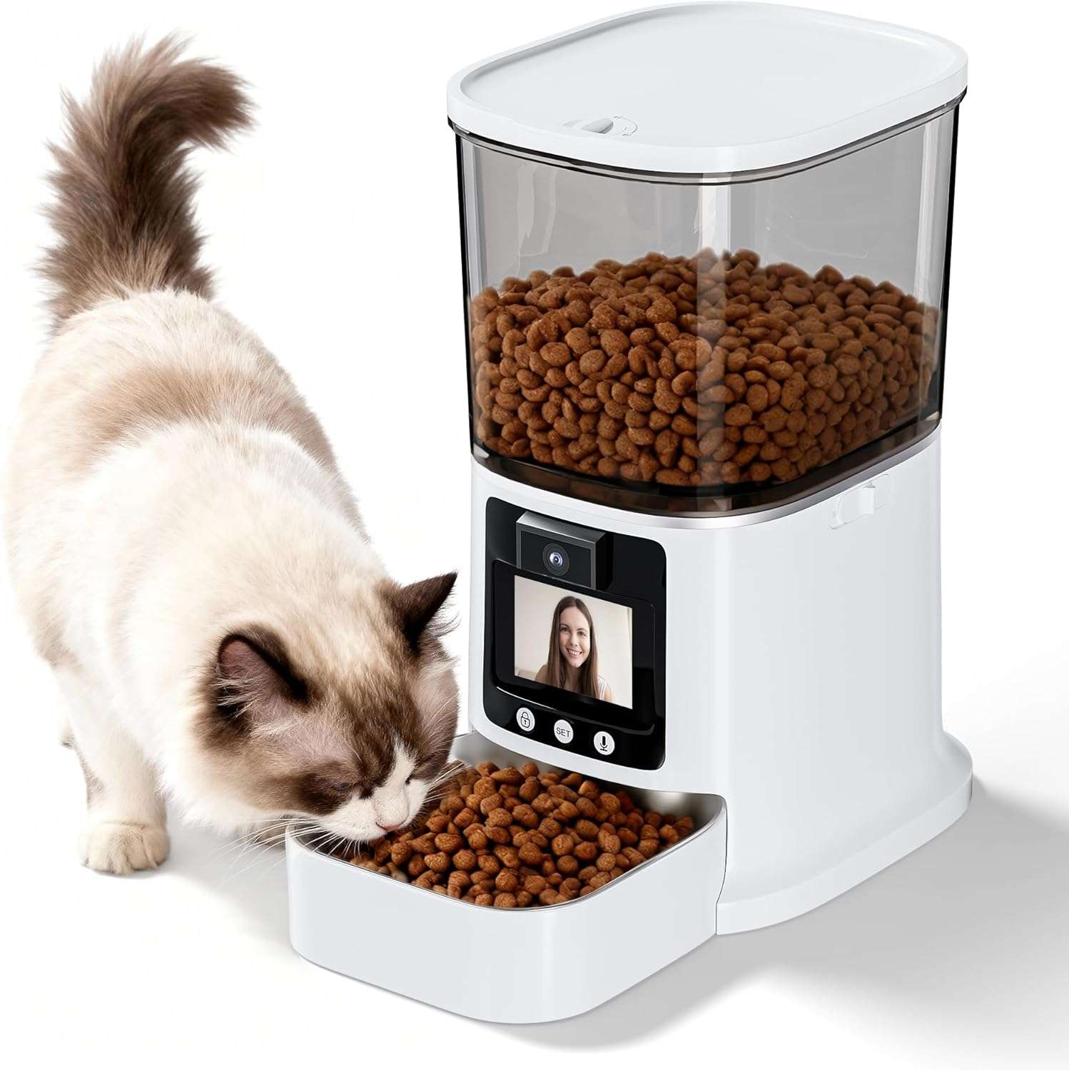 Comedero inteligente para mascotas con pantalla de video bidireccional camara 3 MP y plato de acero inoxidable capacidad 3 kg WiFi 5G color blanco.