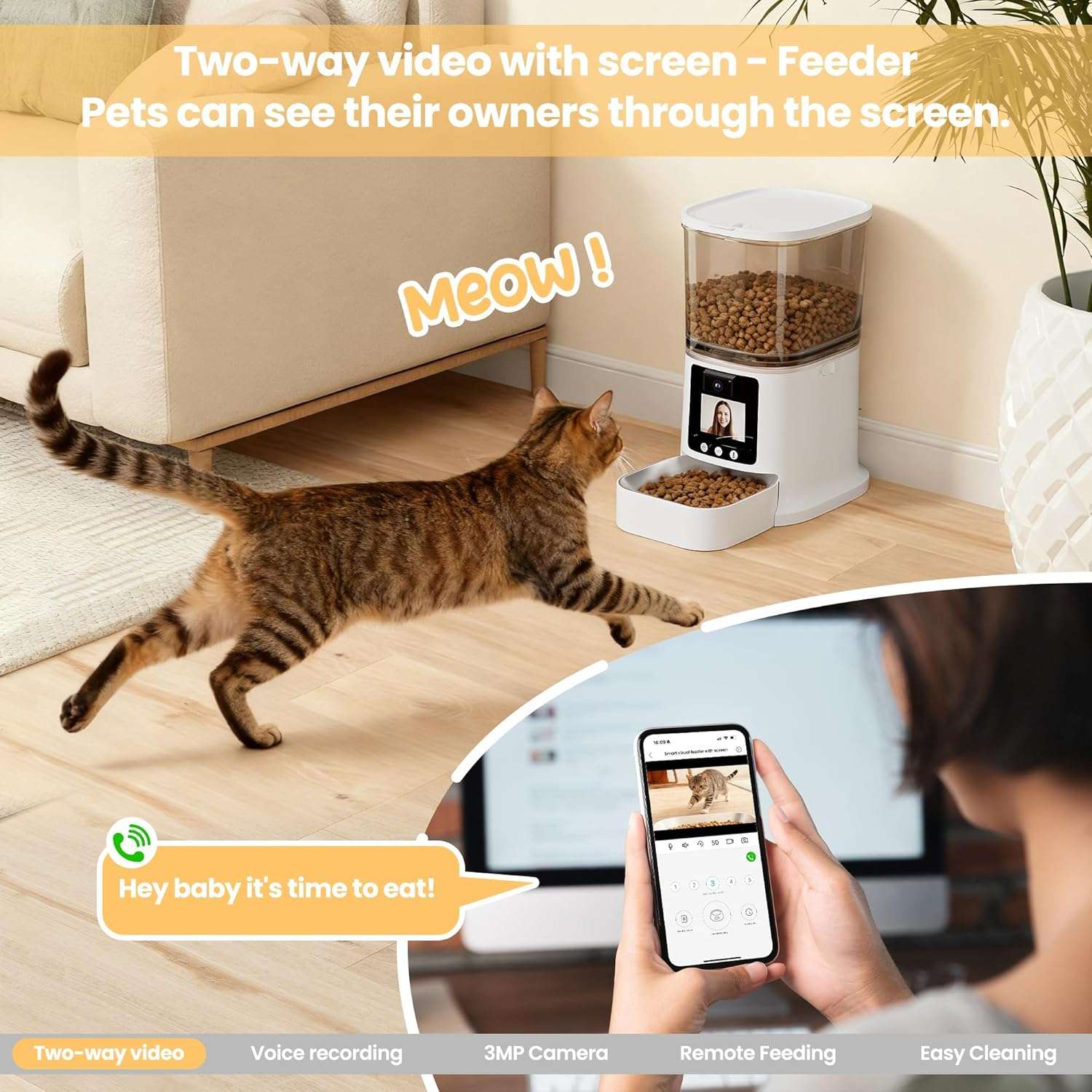 Comedero inteligente para mascotas con pantalla de video bidireccional camara 3 MP y plato de acero inoxidable capacidad 3 kg WiFi 5G color blanco.