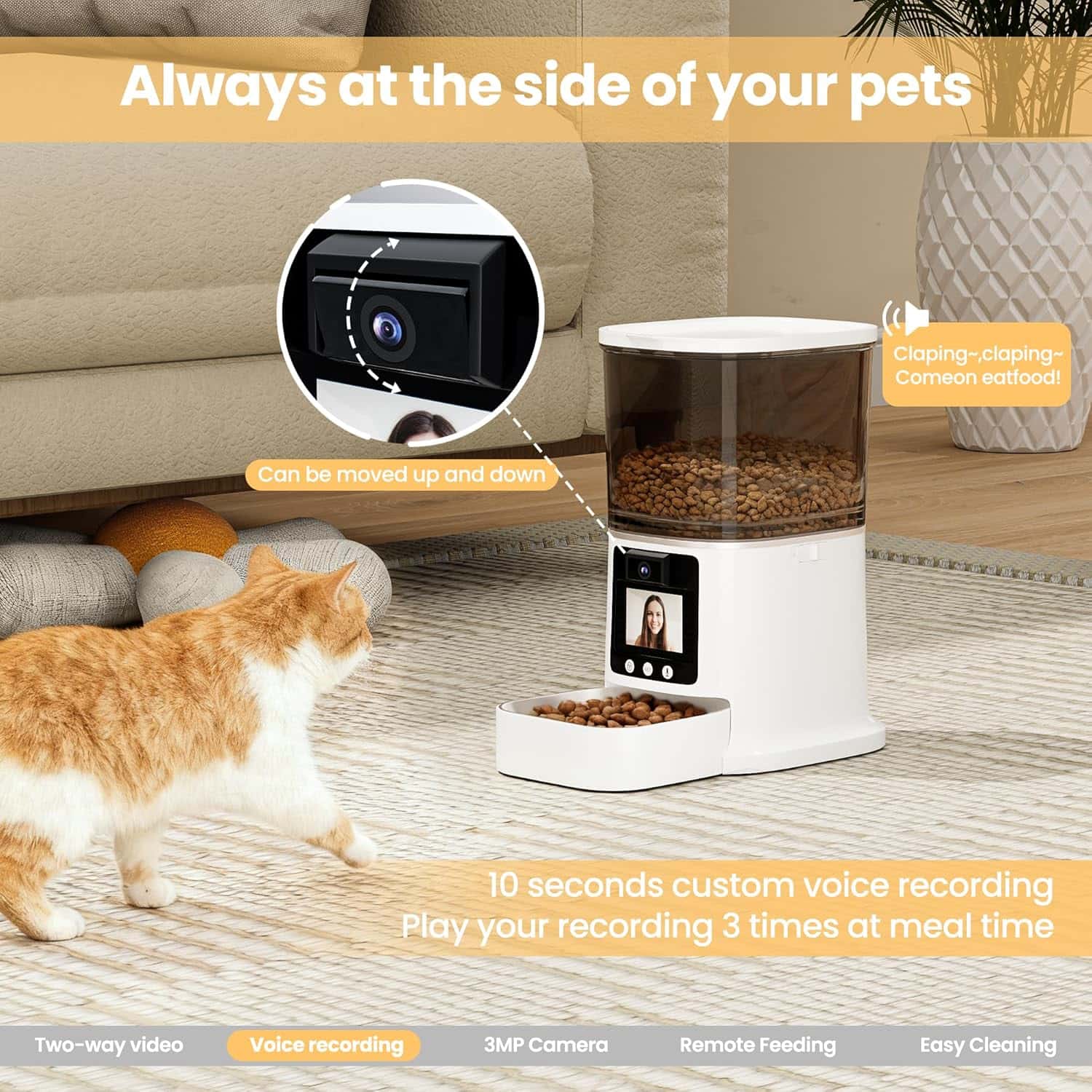 Comedero inteligente para mascotas con pantalla de video bidireccional camara 3 MP y plato de acero inoxidable capacidad 3 kg WiFi 5G color blanco.