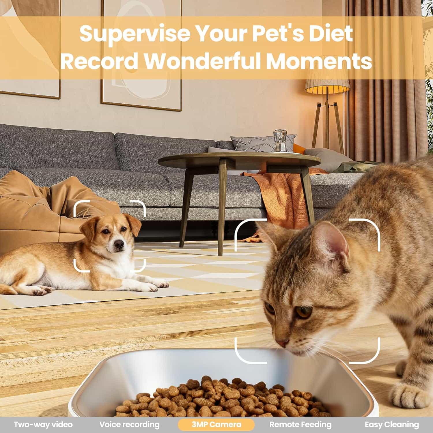 Comedero inteligente para mascotas con pantalla de video bidireccional camara 3 MP y plato de acero inoxidable capacidad 3 kg WiFi 5G color blanco.