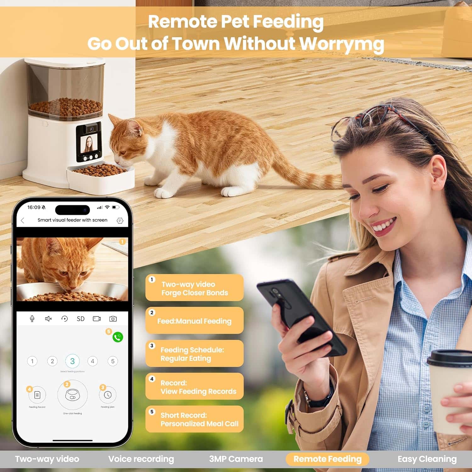 Comedero inteligente para mascotas con pantalla de video bidireccional camara 3 MP y plato de acero inoxidable capacidad 3 kg WiFi 5G color blanco.
